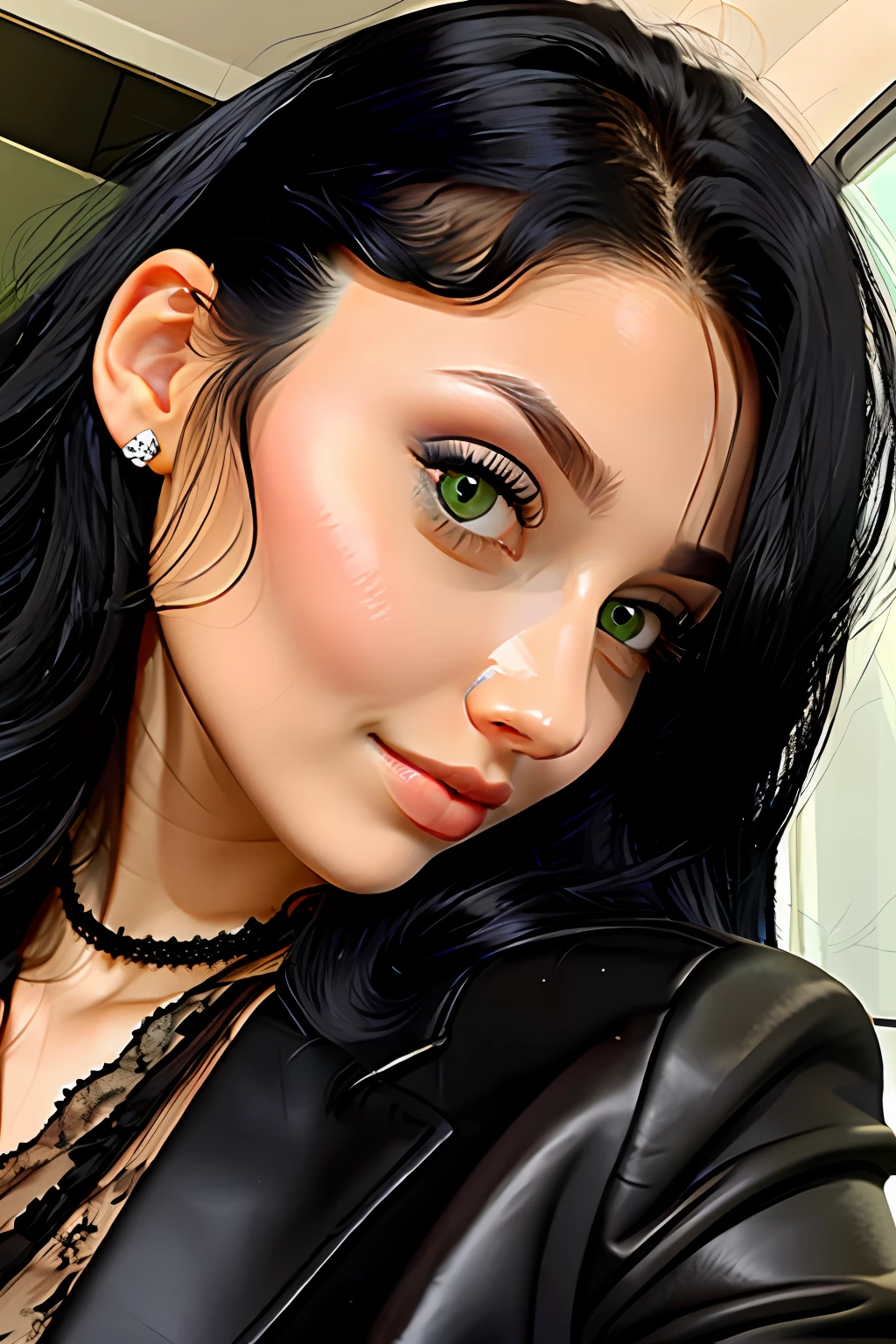 Woman with fair skin, green eyes, black hair, half round face, fleshy lips, and well dressed