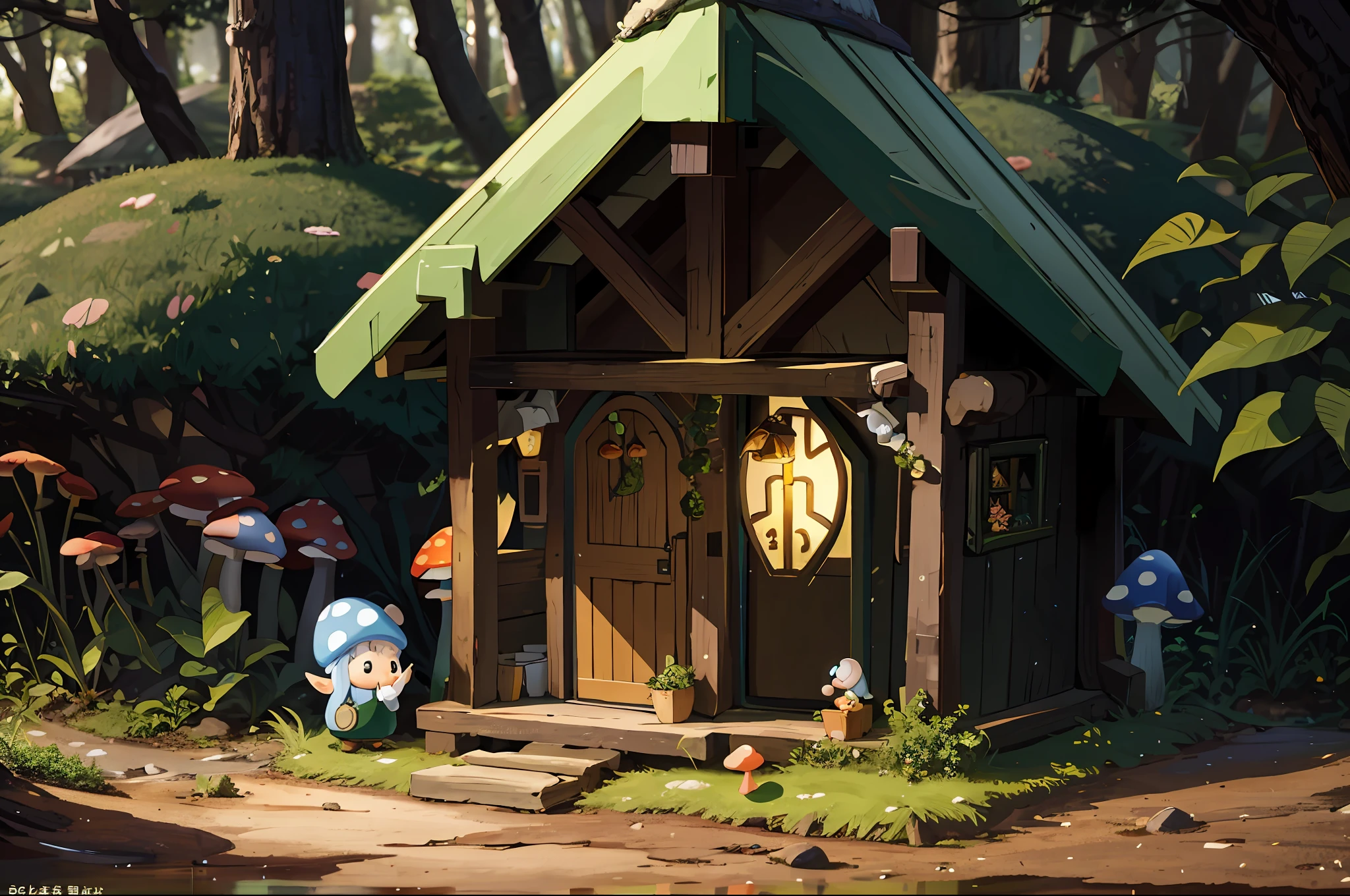 masterpiece, macro photograph of a tiny gnome house in a forest, dusk, mushrooms, dewdrops, high contrast, studio ghibli style, highly intricate, highly detailed, photorealism style