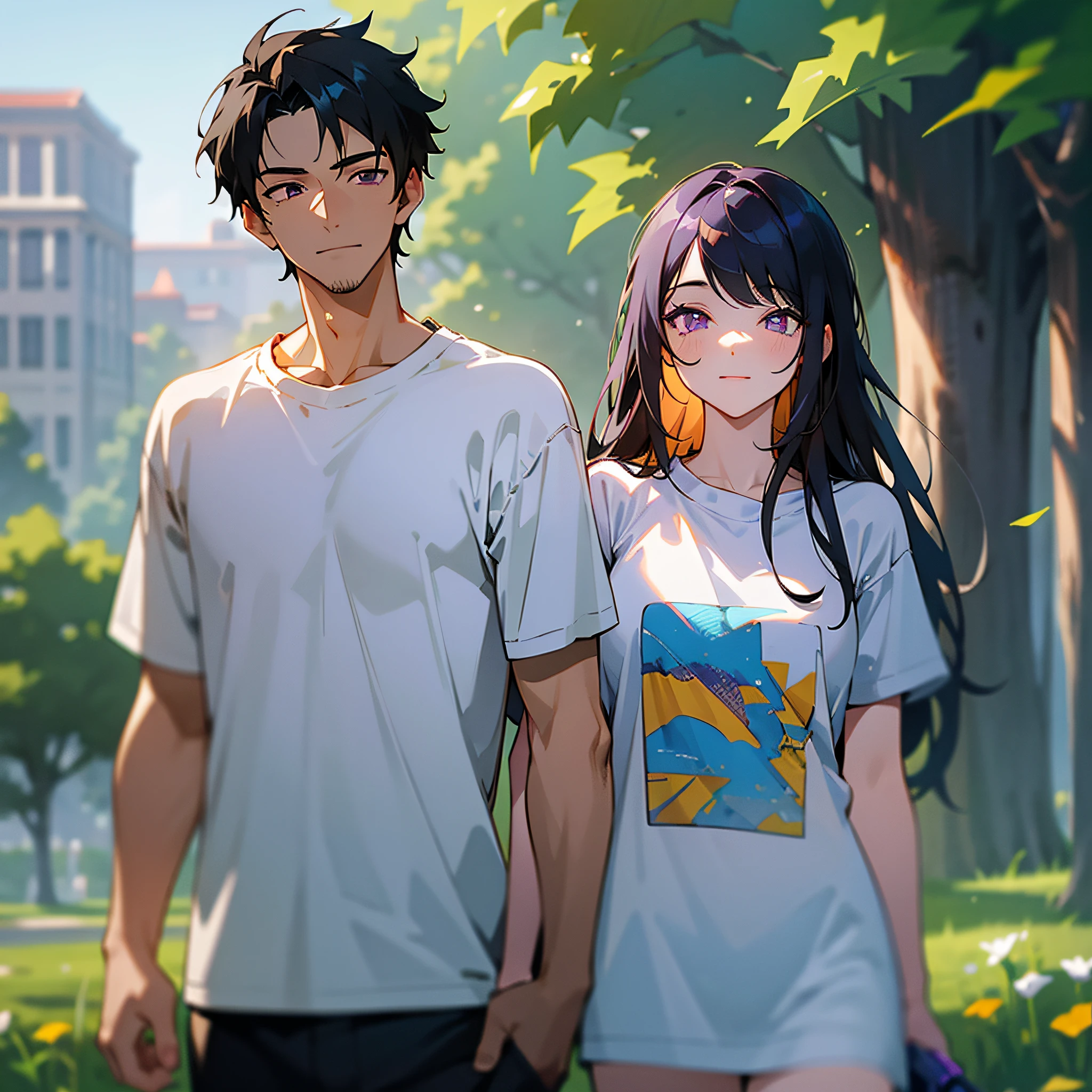 Masterpiece, best quality, {best quality}, {{masterpiece}}, {highres}, {{{field field}}, extremely detailed couple, illustration, couple, 1boy, 1girl, couple, love, love, romantic, sharp focus, male focus, female focus, black hair, violet eyes, sun, sunlight, lifting, surprised, envy, clear sky, t-shirts, men's leisure clothes, expressionless, women's fashion, smiling --auto --s2