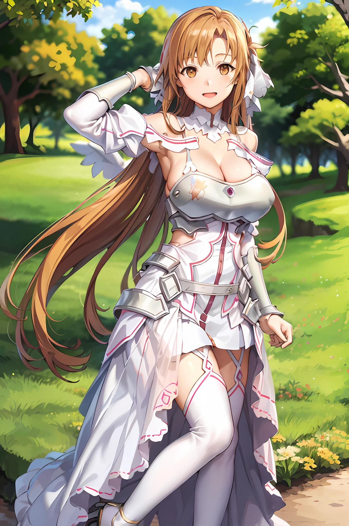 stacia, asuna, asuna_\(sao\), 1girl, (sexy pose:1.2), fantasy, highres,  original, realistic, (excite), scenery,  close_up, upper_body, (standing on a grass), smiling, solo, (potruding nipple:1.2), long hair, (huge breasts:1.0), looking at viewer, smile, open mouth, bangs ,detailed eyes, beautiful background, (on the forrest), hands on the chest, orange hair, thighhighs, gloves, dress, (cleavage:1.4), (grab tits:1.6), bare shoulders, brown eyes, very long hair, (full body:1.5), white gloves,  white dress, (open chest:1.5), armor, white thighhighs, garter straps, breeze, white armor,  abec