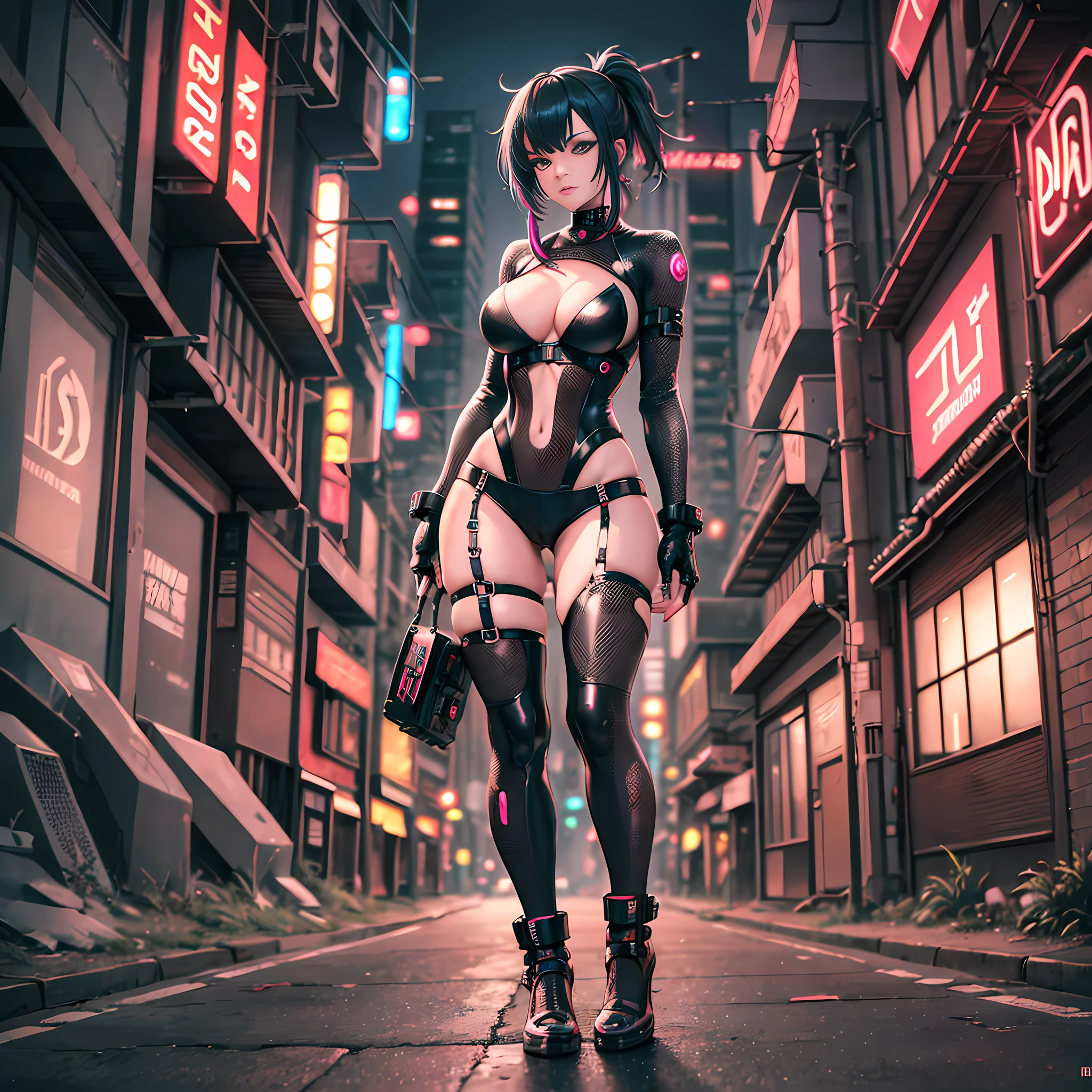 artistic photograph of a cyberpunk prostitute, full body shot, extremely detailed, centered, intricate neon slums in the background, high resolution, hyperdetailed, soft lighting, film grain