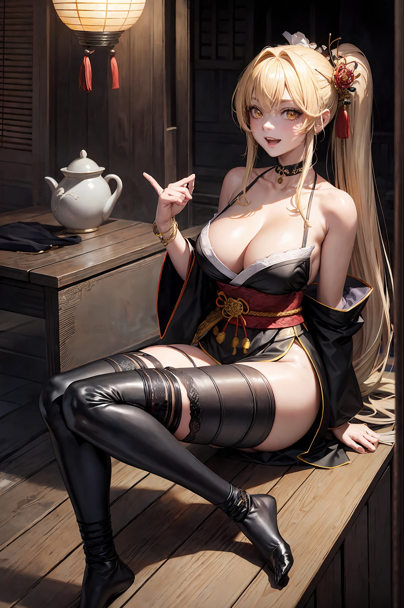 masterpiece, best quality, high resolution, 1girl, blonde hair, medium hair, asymmetrical hair, floating hair, hair between eyes, high ponytail, yellow eyes, side braids, hair ornament, fish hair ornament, tassel, kanzashi, bangs, orange eyes, open mouth, smile, teeth, upper teeth only, choker, red choker, pendant choker, butterfly choker, collarbone, cleavage, ,  black belt, hadanugi dousa, houkisei, japanese clothes, kimono, kinchaku, obi, obiage, obijime, red kimono, handbag, rope, sash, shimenawa, short kimono, single  shoulder, east asian architecture, cherry blossoms, full body, squat, legs together, feet, single glove, fingerless glove, bracelet, black socks,