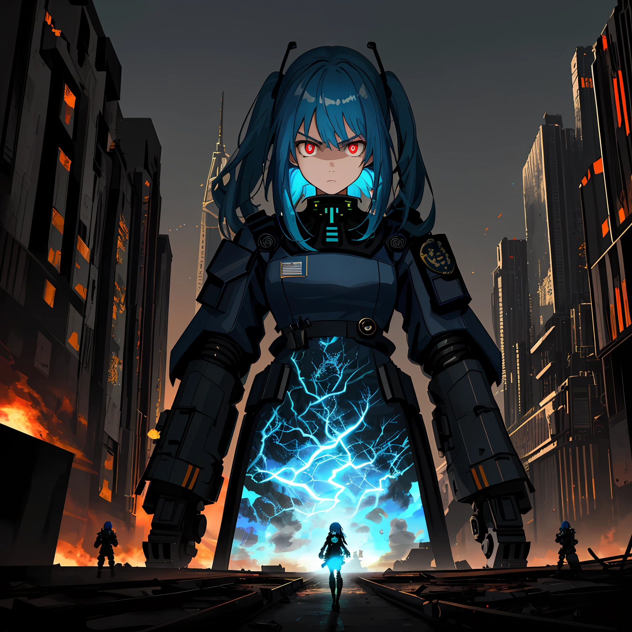 (best quality, masterpiece, extremely detailed), 1girl, solo, long neon blue hair, neon red eyes, angry look, blue military officer dress, arms crossed, sanding still, destroyed futuristic city on fire, warfare, burning background, night, grim, lighting, HDR, robot soldiers line up in formation