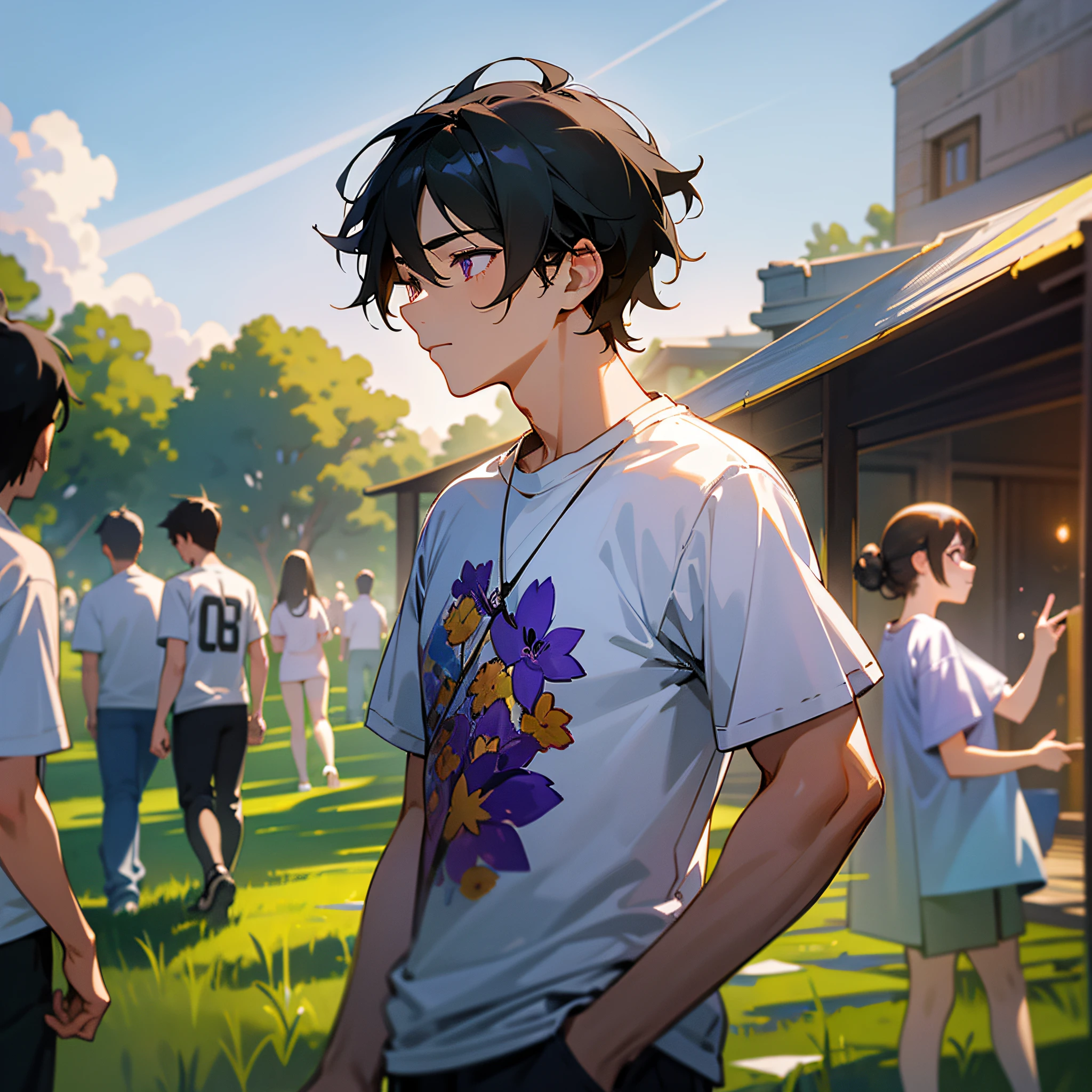 masterpiece, best quality, {best quality}, {{masterpiece}}, {highres}, {{{field field}}, extremely detailed couple, illustration, couple, 1boy, 1girl, couple, love, love, romantic, sharp focus, male focus, female focus, black hair, violet eyes, sun, sunlight, lifting, surprised, envy, clear sky, t-shirts, men's leisure clothes, expressionless, women's fashion, happy --auto --s2