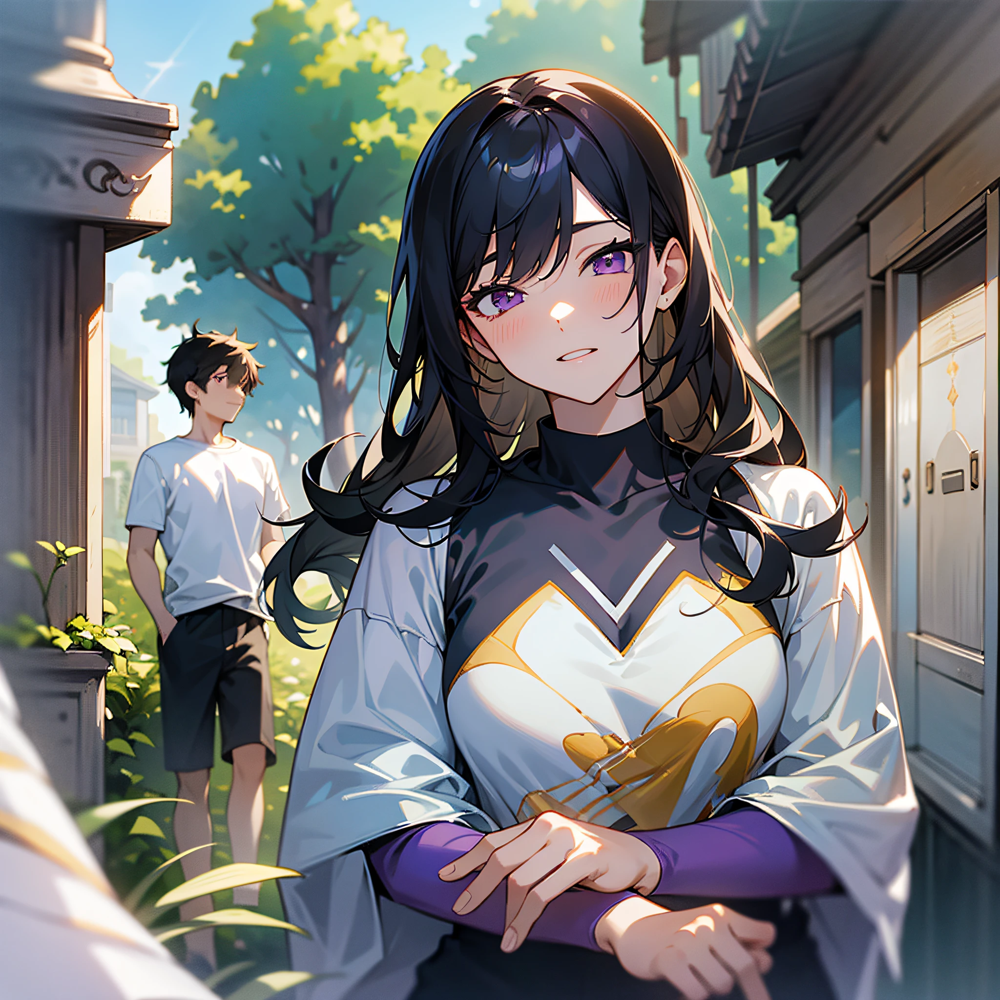 masterpiece, best quality, {best quality}, {{masterpiece}}, {highres}, {{{field field}}, extremely detailed couple, illustration, couple, 1boy, 1girl, couple, love, love, romantic, sharp focus, male focus, female focus, black hair, violet eyes, sun, sunlight, lifting, surprised, envy, clear sky, t-shirts, men's leisure clothes, expressionless, women's fashion, happy --auto --s2