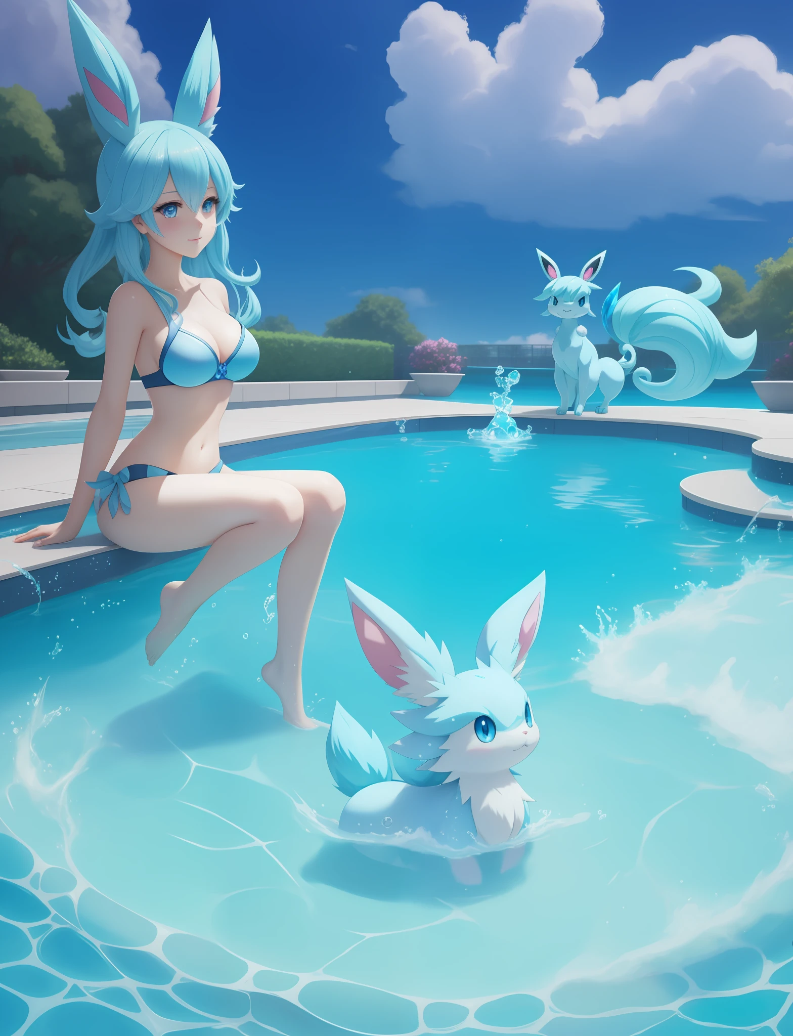 there is a very cute pokemon figure sitting in a pool, a pastel by Shitao, pixiv, furry art, a glaceon ice princess, water type, from league of legends, wlop : : 5, detailed fanart, high quality fanart, illustration pokemon, mew, extremely detailed artgerm, commission for high res