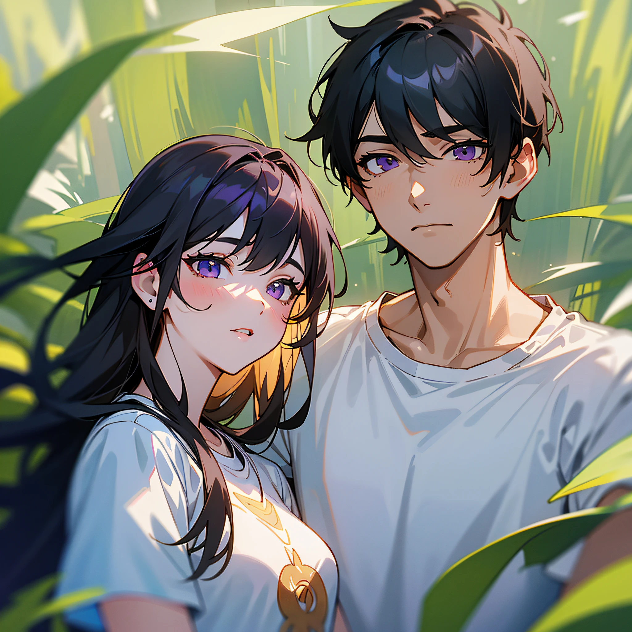 masterpiece, best quality, {best quality}, {{masterpiece}}, {highres}, {{{field field}}, extremely detailed couple, illustration, couple, 1boy, 1girl, couple, love, love, romantic, sharp focus, male focus, female focus, black hair, violet eyes, sun, sunlight, lifting, surprised, envy, clear sky, t-shirts, men's leisure clothes, expressionless, women's fashion, happy --auto --s2