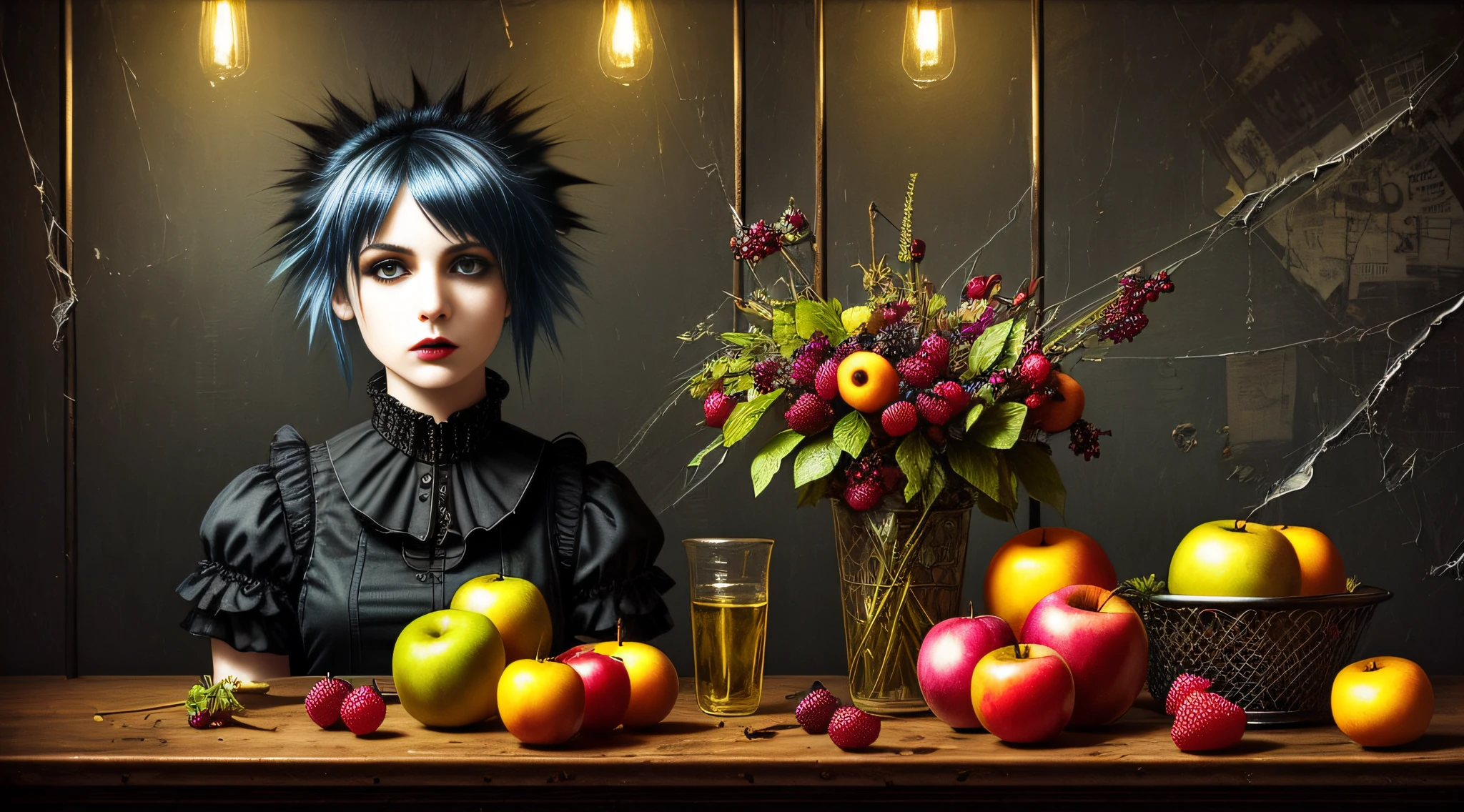 perfectly oil painted still life with fruit and cobwebs post-rock gothic hyper-detailed with lots of identical psychedelic details gloomy punk aesthetics atmosphere, sound vibrations, sound studio punk 8k, best quality, masterpiece, illustration, extremely delicate and beautiful, extremely detailed, (realistic, photorealistic: 1.37), amazing, fine detail, masterpiece, girl with post_punk_rock_gothic hair, night city,