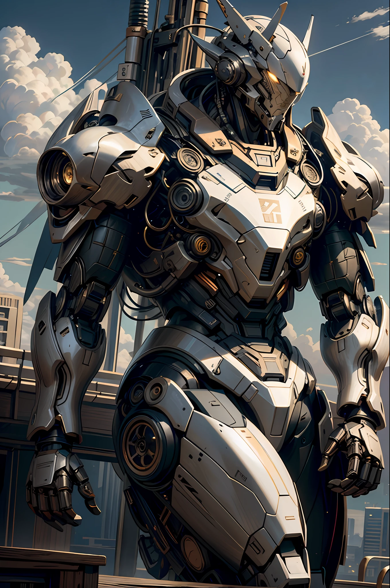 (masterpiece, top quality: 1.3), highly detailed, complex, 8k, HDR, wallpaper, movie lighting, sky, clouds, weapon, glowing, building, glowing eyes, mech, science fiction, space, realistic, mech, robot