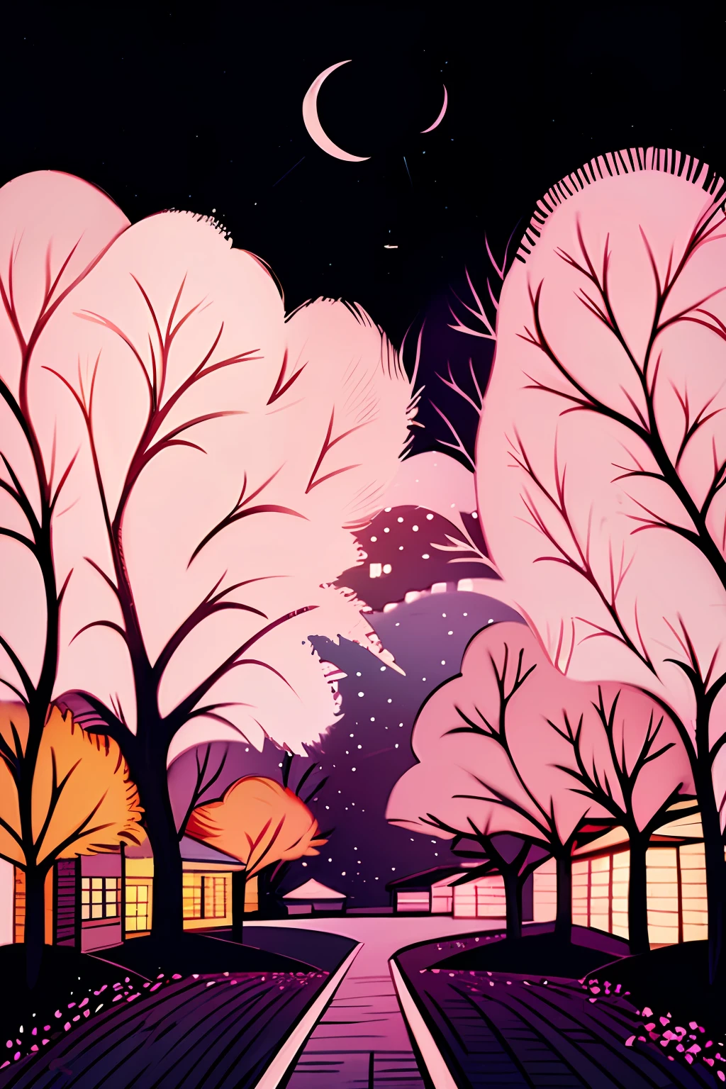 masterpiece, best quality, a city landscape with some sakura trees on the side near a highschool building, there is a light traffic on the street, some birds in the sky, wide view, anime screenshot, anime style drawing, black background