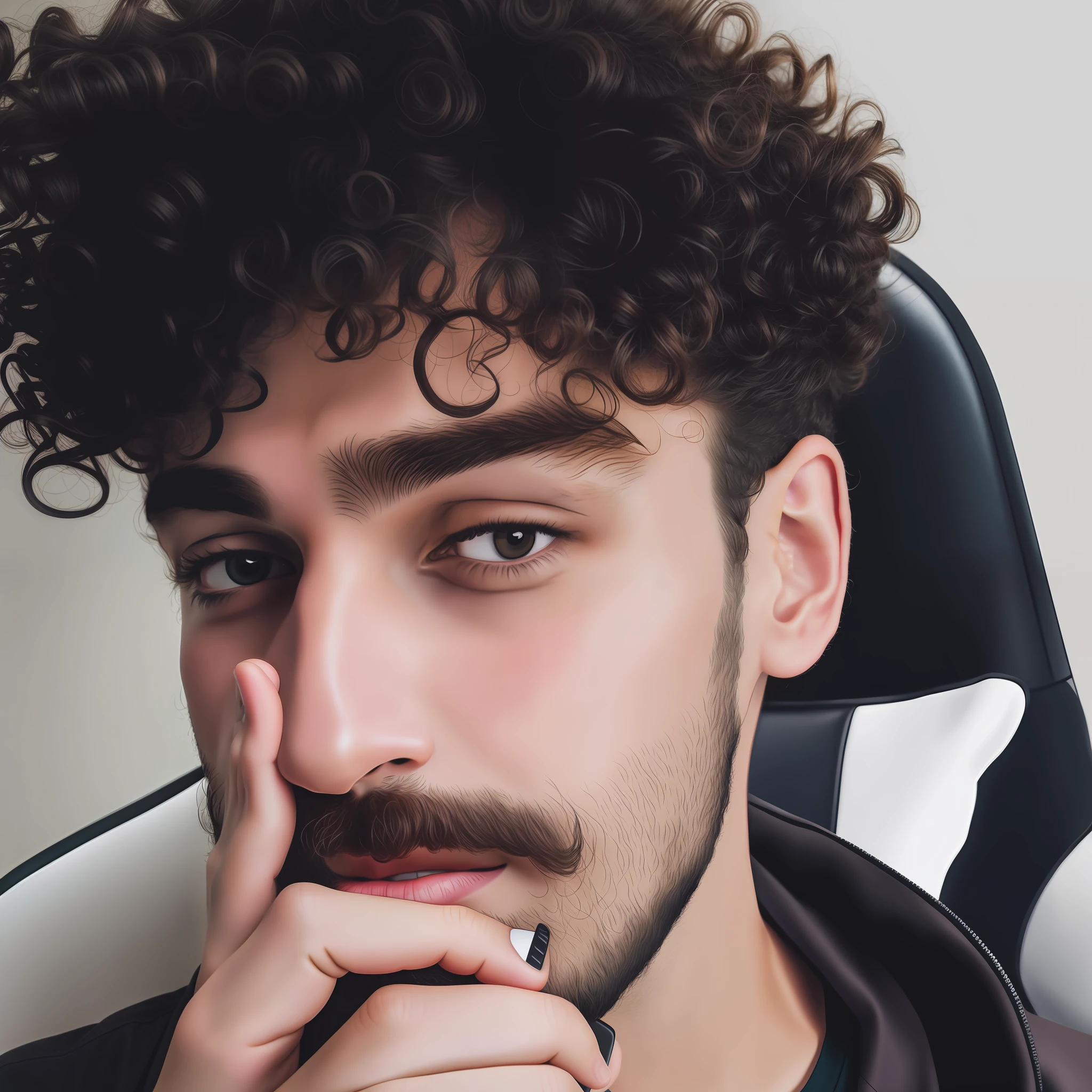 Man with curly hair and beard sitting on a chair, Twitch streamer/Gamer Ludwig, curls on top, half-body headshot, very high quality image, curls on top of head, 8K Matte, high quality portrait, profile picture, curly hair and short top hair