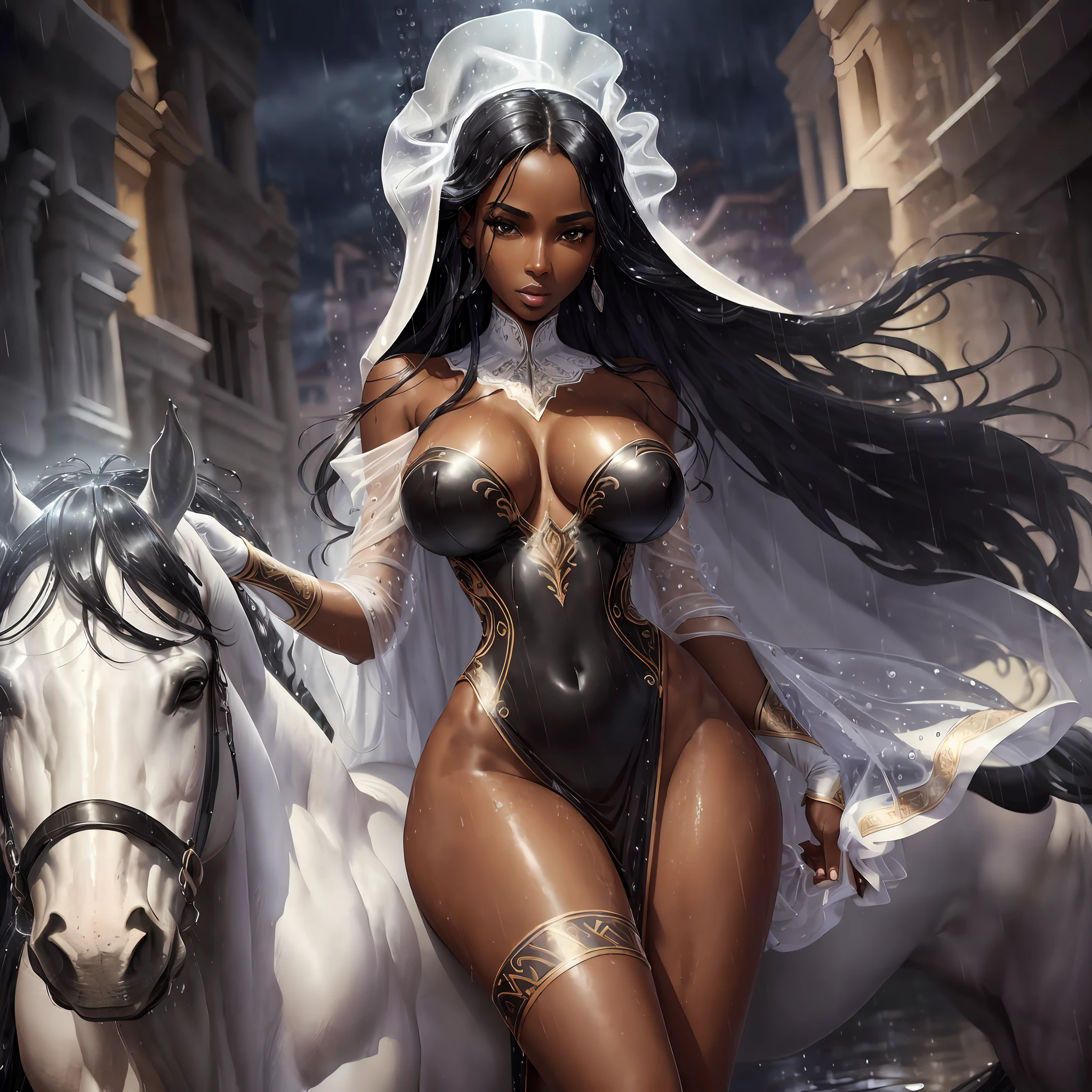(Best quality, 4k, Masterpiece :1.3), beautiful tall woman, black skin, hyper realistic, 1girl, perfect human fingers, 5 fingers on each hand, (breasts lifted, attractive body :1.2), abs :1.1, black hair: 1.2, (wet rainy, wet by rain, wet body :1.2), ultra-detailed face, detailed lips, detailed eyes, double eyelid, sexy low neck dress, open neckline, perky breasts, full body side pose, visible curves, mounted on a white horse, transparent silver cloak, leg (defined, turned, spotted, muscular, symmetrical), black skin - -auto --s2