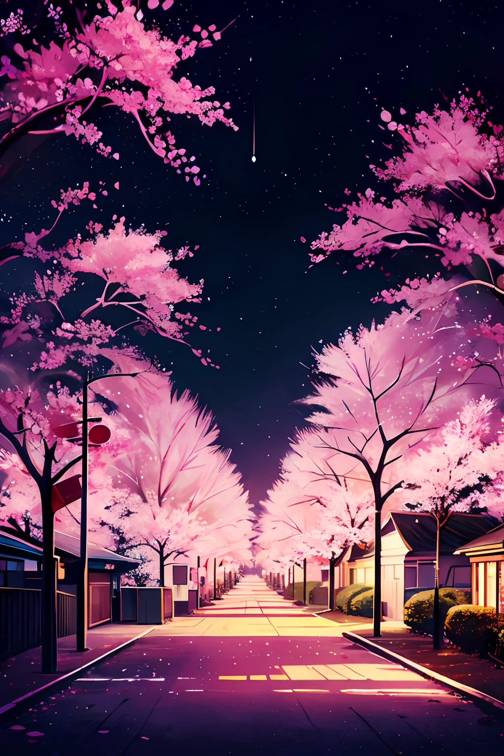 masterpiece, best quality, a city landscape with some sakura trees on the side near a highschool building, there is a light traffic on the street, some birds in the sky, wide view, anime screenshot, anime style drawing, black background