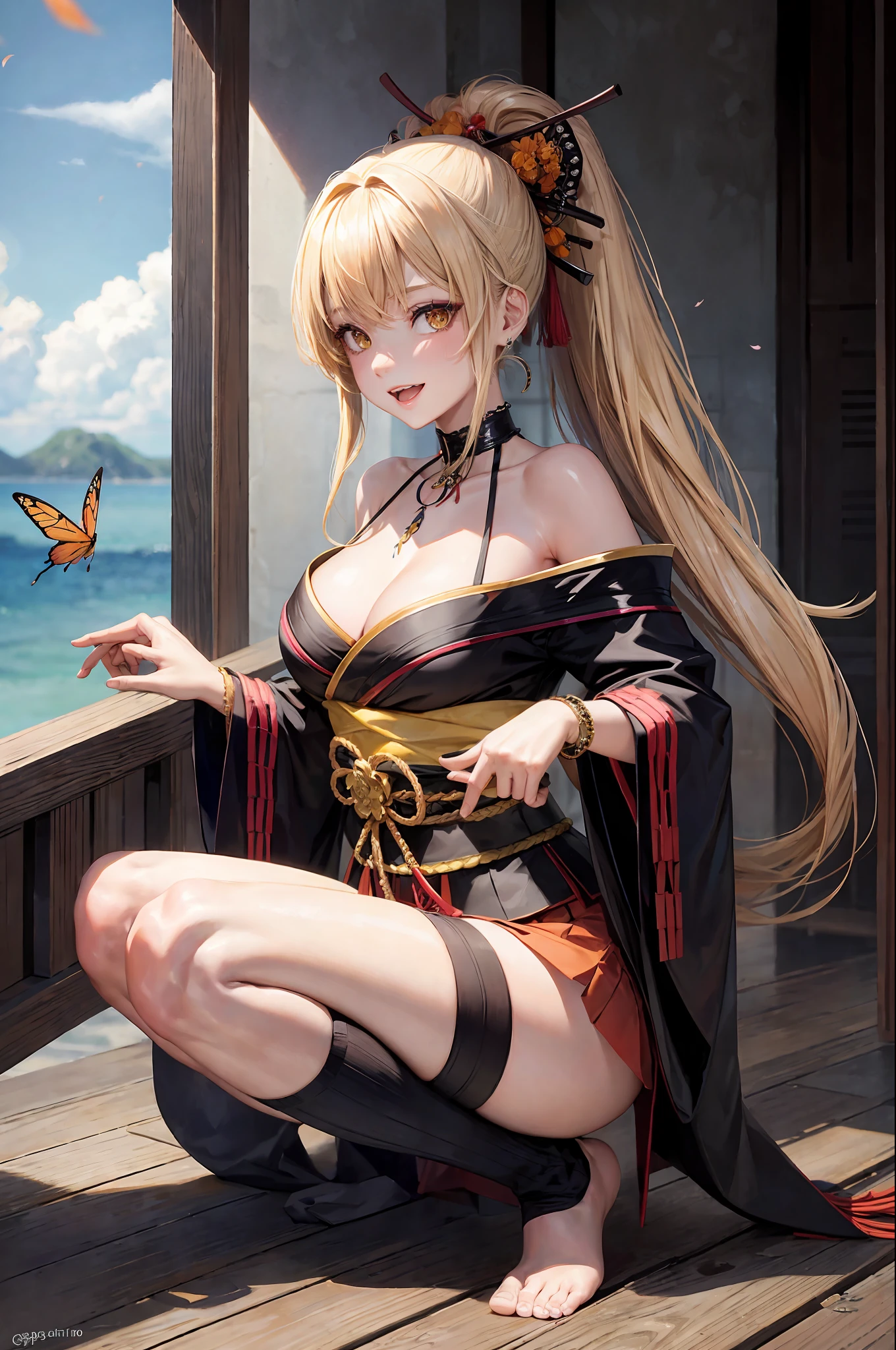 masterpiece, best quality, high resolution, 1girl, blonde hair, medium hair, asymmetrical hair, floating hair, hair between eyes, high ponytail, yellow eyes, side braids, hair ornament, fish hair ornament, tassel, kanzashi, bangs, orange eyes, open mouth, smile, teeth, upper teeth only, choker, red choker, pendant choker, butterfly choker, collarbone, cleavage, medium breasts, black belt, hadanugi dousa, houkisei, japanese clothes, kimono, kinchaku, obi, obiage, obijime, red kimono, purse, rope, sash, shimenawa, short kimono, single bare shoulder, east asian architecture, cherry blossoms, full body, squat, legs together, feet, single glove, fingerless glove, bracelet, black socks, short leg, thin thighs