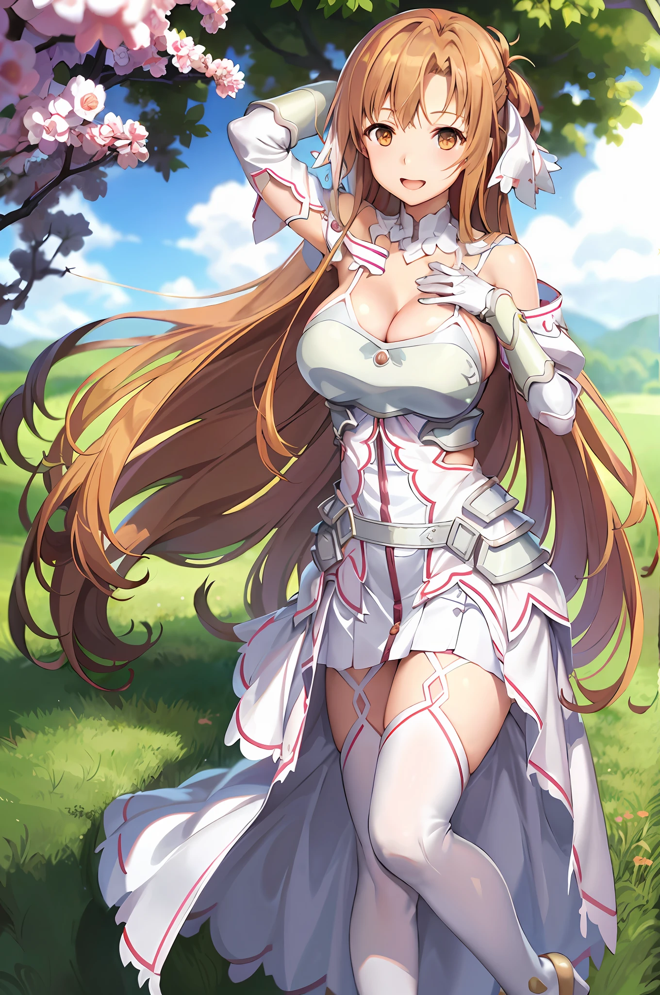 stacia, asuna, asuna_\(sao\), 1girl, (sexy pose:1.2), fantasy, highres, original, realistic, (excite), scenery, close_up, upper_body, (standing on a grass), smiling, solo, (potruding nipple:1.2), long hair, (huge breasts:1.0), looking at viewer, smile, open mouth, bangs ,detailed eyes, beautiful background, (on the forrest), hands on the chest, orange hair, thighhighs, gloves, dress, (cleavage:1.4), (grab tits:1.6), bare shoulders, brown eyes, very long hair, (full body:1.5), white gloves, white dress, (open chest:1.5), armor, white thighhighs, garter straps, breeze, white armor, abec