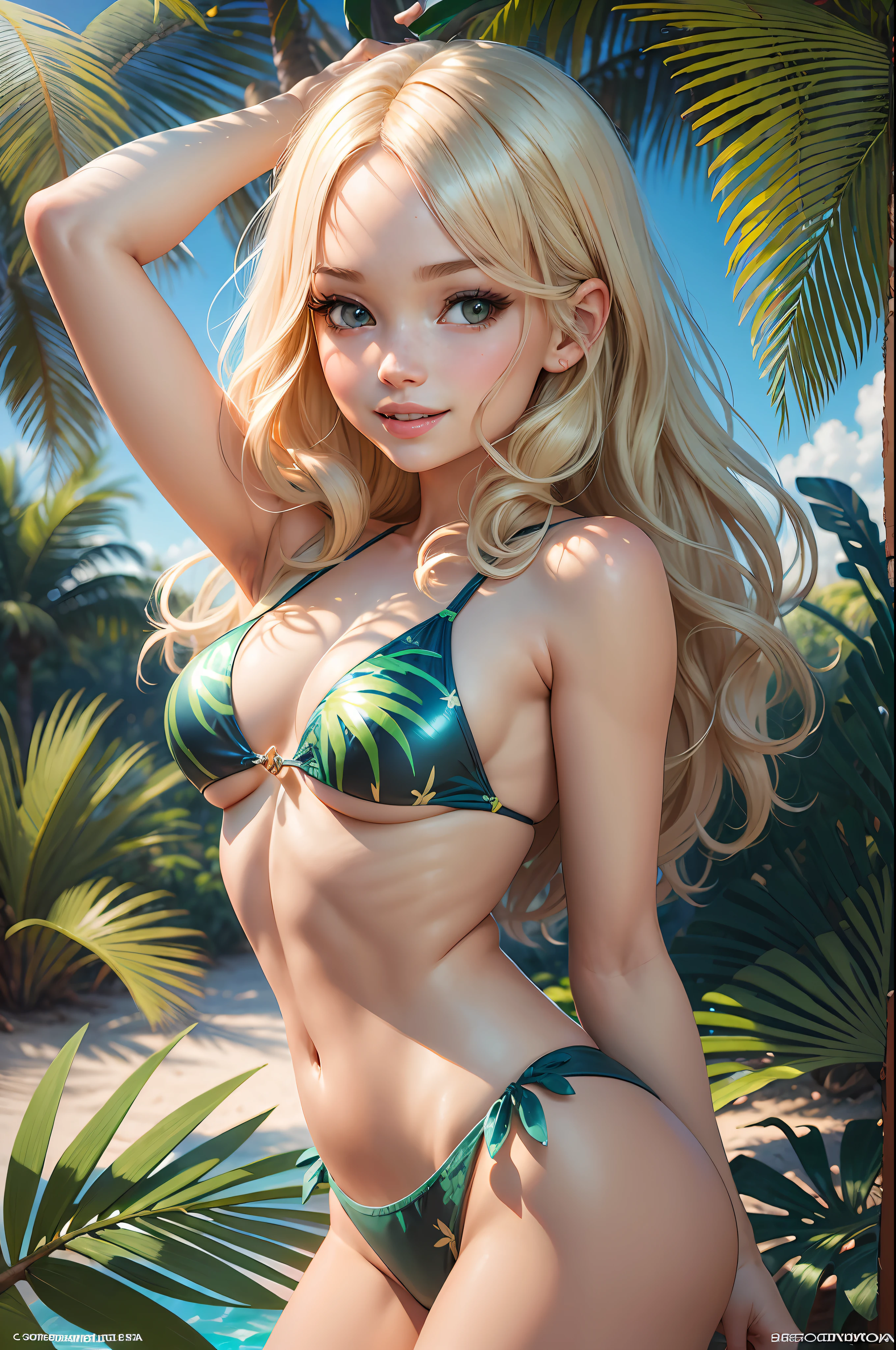 tropical tree leavs cocos tree palm leaves torso nicoletta ceccoli torso portrait of beautiful shiny young girl in swimwear, smiles mischievous blushing face, (played by young dove cameron and emily browning), blue eyes, blonde hair, sea beach sand palms, art by artgerm, loish, wlop --auto --s2