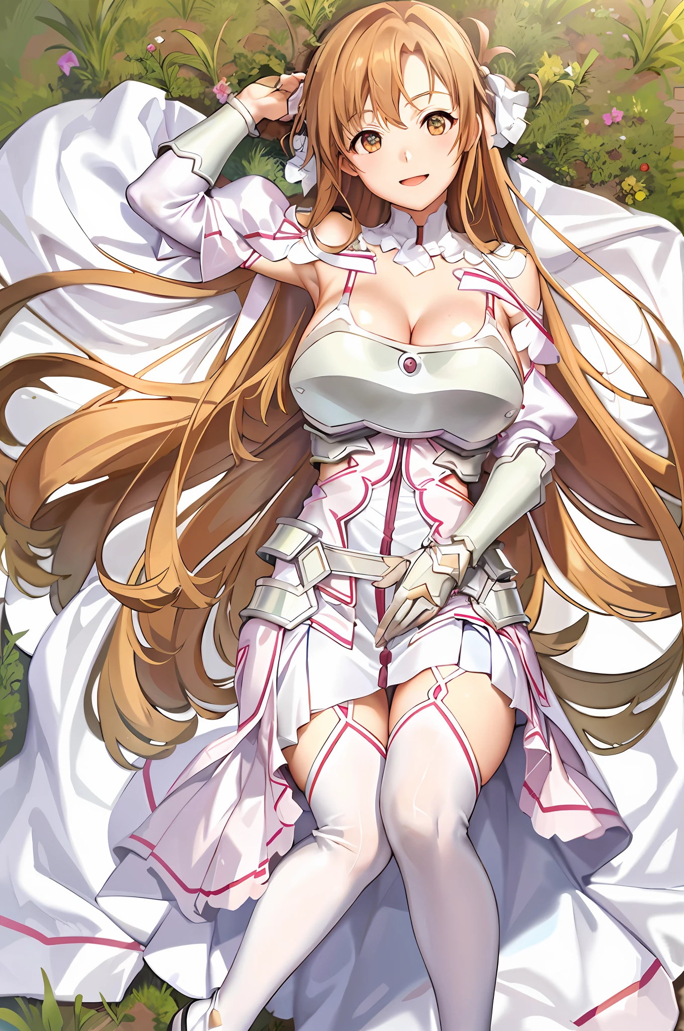 stacia, asuna, asuna_\(sao\), 1girl, (sexy pose:1.2), fantasy, highres,  original, realistic, (excite), scenery,  close_up, upper_body, (standing on a grass), smiling, solo, (potruding nipple:1.2), long hair, (huge breasts:1.0), looking at viewer, smile, open mouth, bangs ,detailed eyes, beautiful background, (on the forrest), hands on the chest, orange hair, thighhighs, gloves, dress, (cleavage:1.4), (grab tits:1.6), bare shoulders, brown eyes, very long hair, (full body:1.5), white gloves,  white dress, (open chest:1.5), armor, white thighhighs, garter straps, breeze, white armor,  abec