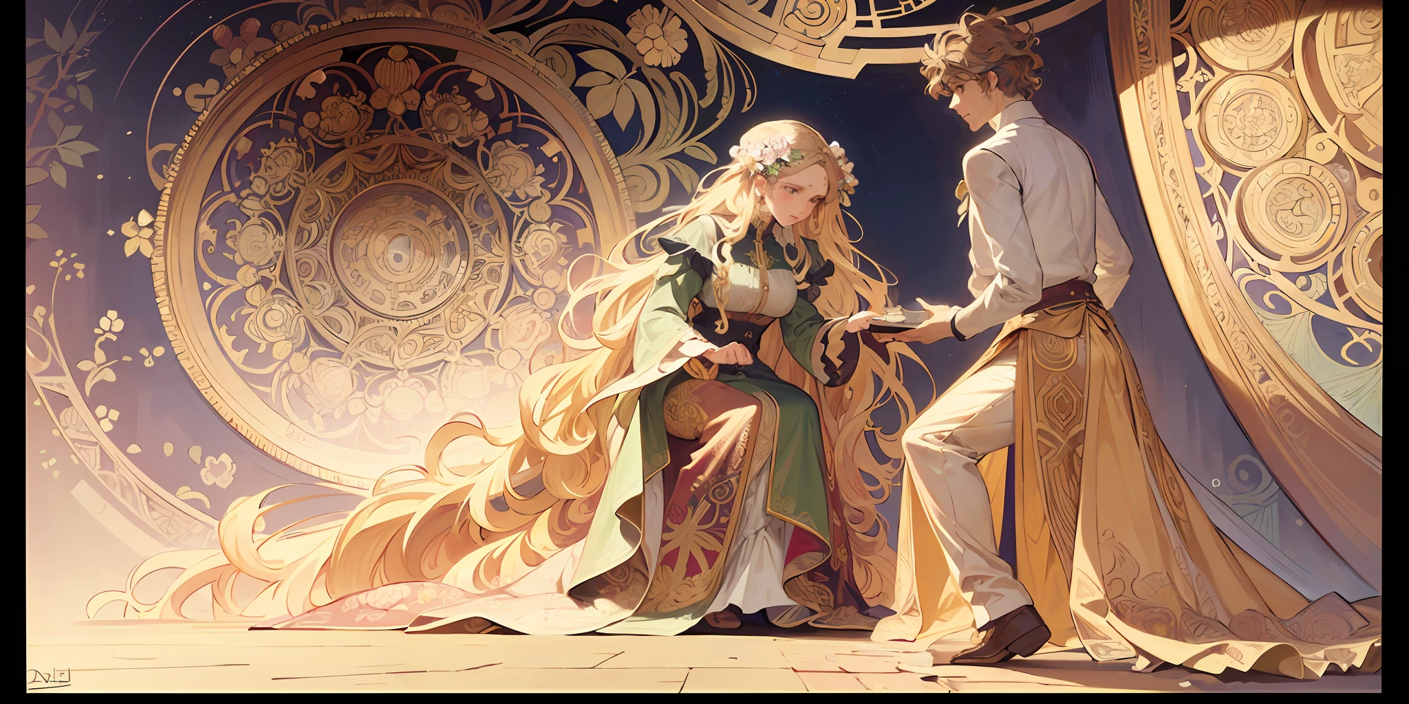 portrait a couple arguing, long curly hair, blonde, floral frame, decorative panels, abstract artistic, by Alphonse Mucha (masterpiece, best quality, high resolution: 1.4), detailed, intricate details, 4K, color splashes, line art, fibonacci ,