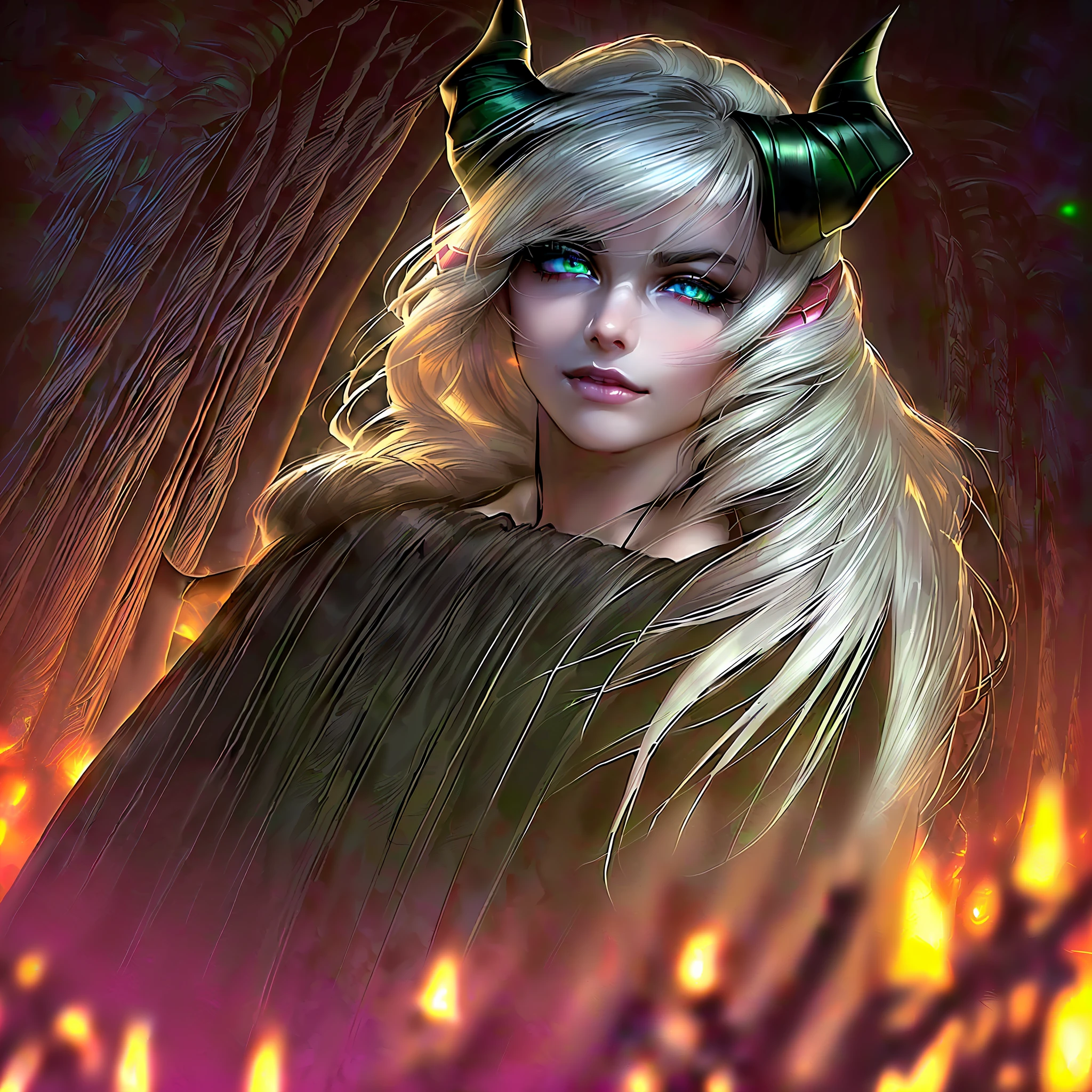 photo of 1 beautiful woman, demon, extremely detailed beautiful face, (demon horns:1.3), beautiful detailed eyes, smug, long hair,silver hair, off-shoulder leather clothes, black suit, at night, forest, fire from hell, burning roses, best quality, masterpiece, extremely detailed CG unity 8k wallpaper, highly detailed, sharp focus, (backlight:1.3), rim light, art by greg rutkowski, award winning photograph, gothic, Seductive Smile, Hyperrealistic Eyes, Ultra Detailed Iris, Braided Hair, Green Eyes, Defined Abs,