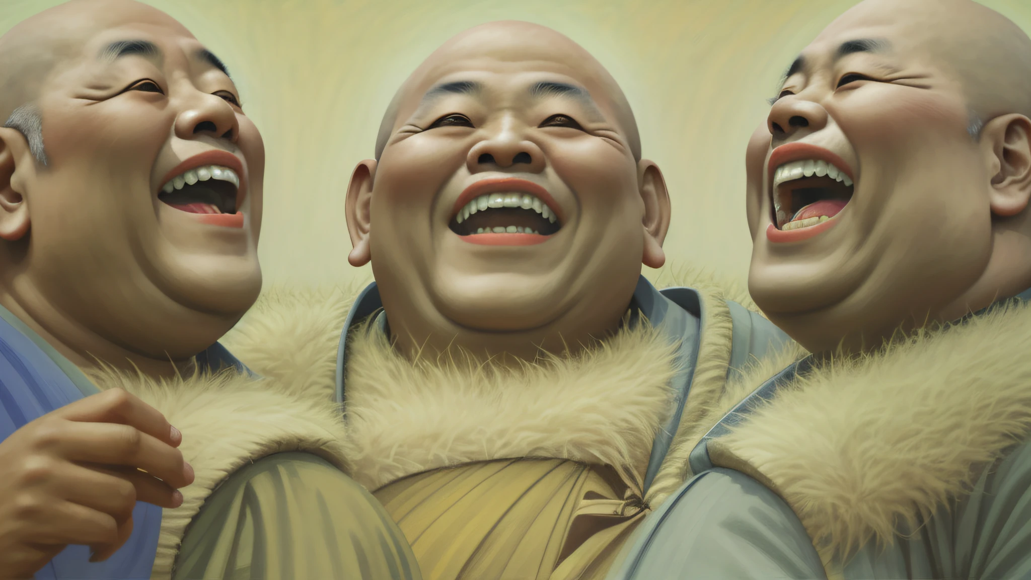 there are three laughing asian men with their heads together, laughing, laughing your head off, laughter, the joy of life, inspired by Yue Minjun, guweiz masterpiece, buddhist, very very happy, very happy, expressing joy, buddhism, laughing menacingly, laughing hysterically, guweiz, monks, inspired by Nam Gye-u