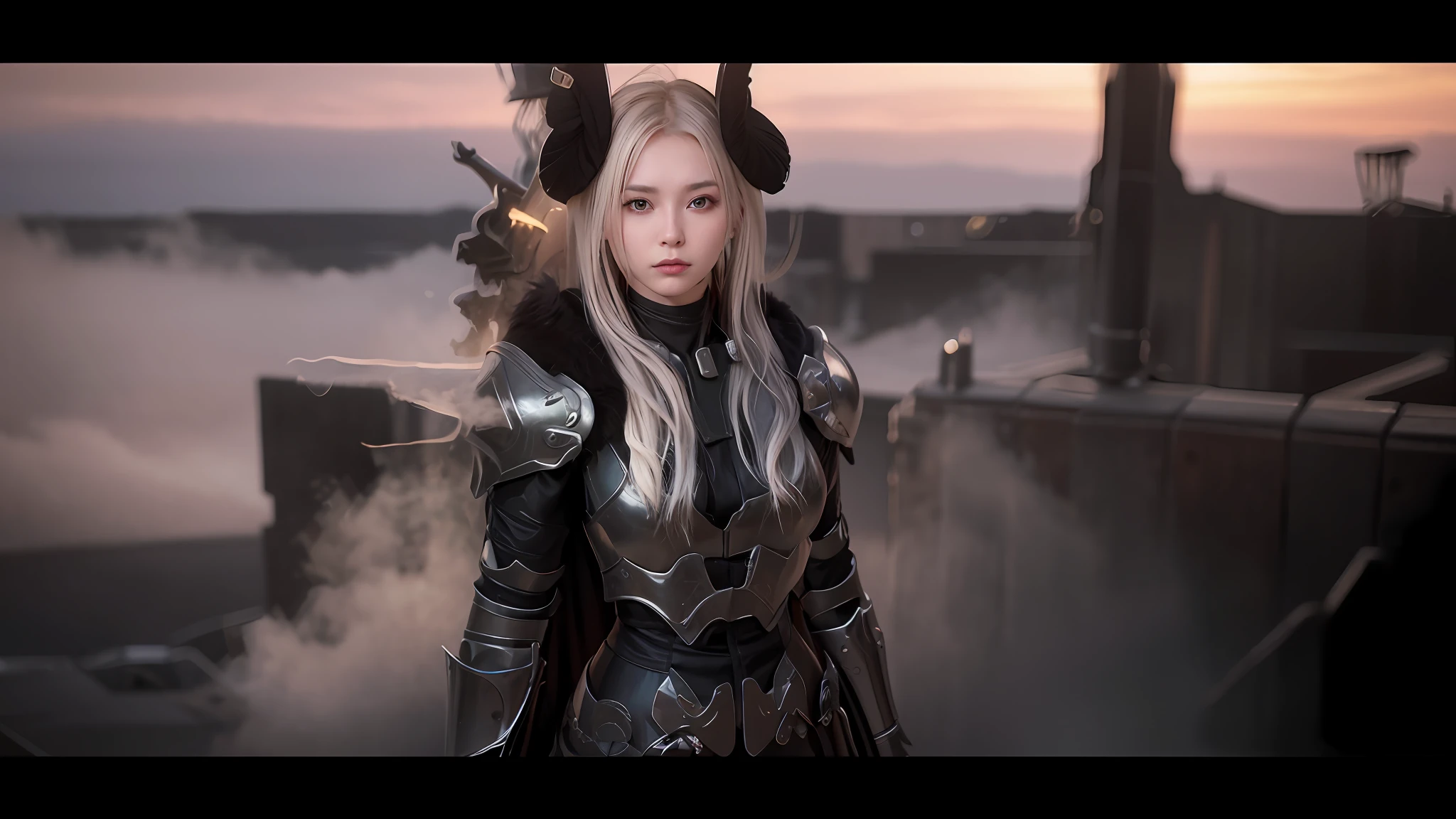, ulzzang-6500-v1.1, InquisitorClaire, InquisitorClaire\(full armor\), 8k, (masterpiece), (best quality), ultra high resolution, extreme_detail, (photorealistic: 1.4), realistic, 1 girl, solo, lips, braid, shiny white hair, earrings, jewelry, brown eyes, armor, shoulder armor, large shoulder armor, body armor, black cloak, facing the viewer, upper body, ((night)), ((blurred background with fog))