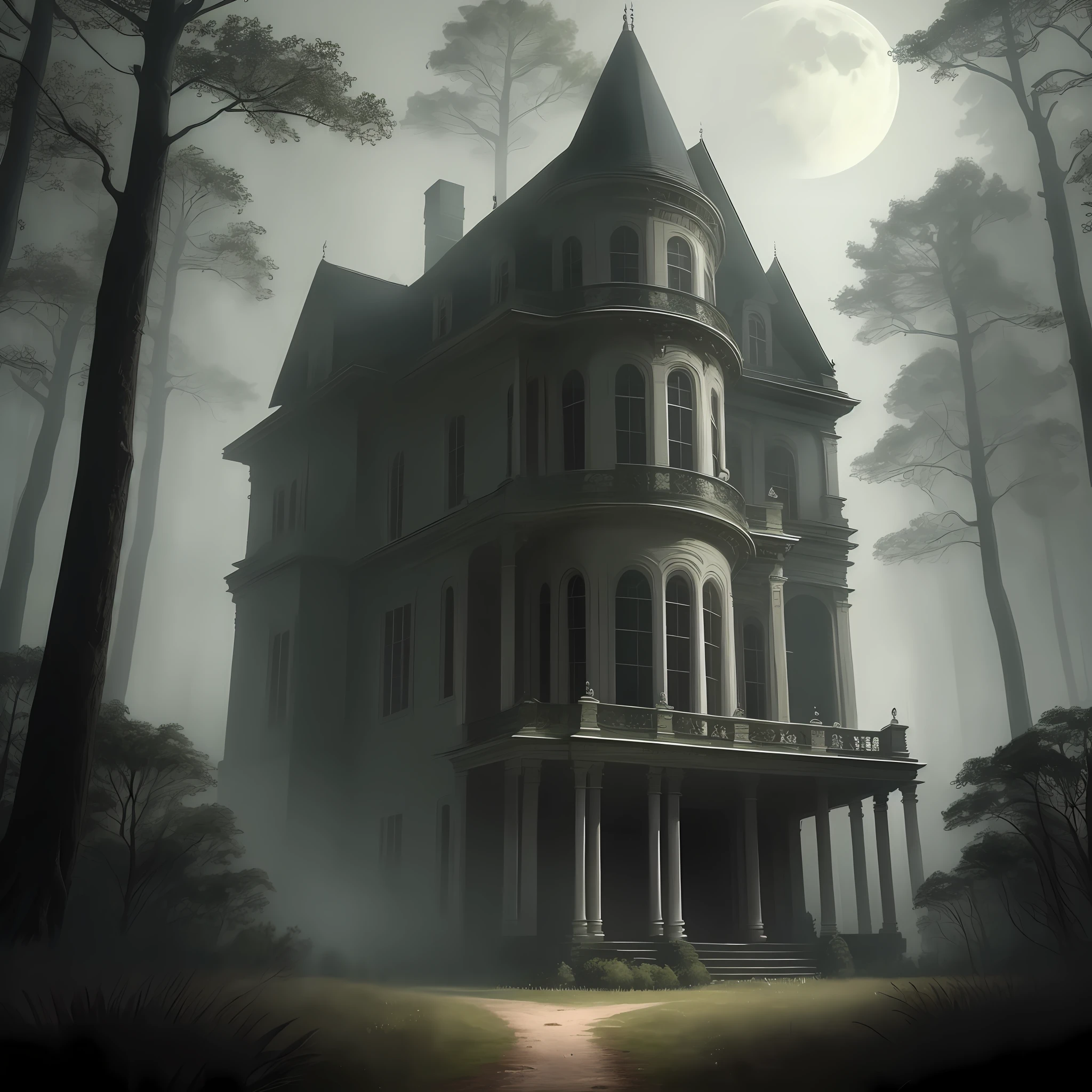 Old mansion, impressive, horror environment, night, fog rising from the ground, ((ultra realistic)), full moon, gloomy trees, impressionism, white windows light, forest at background, some trees at front angle, masterpiece, hd, 8k