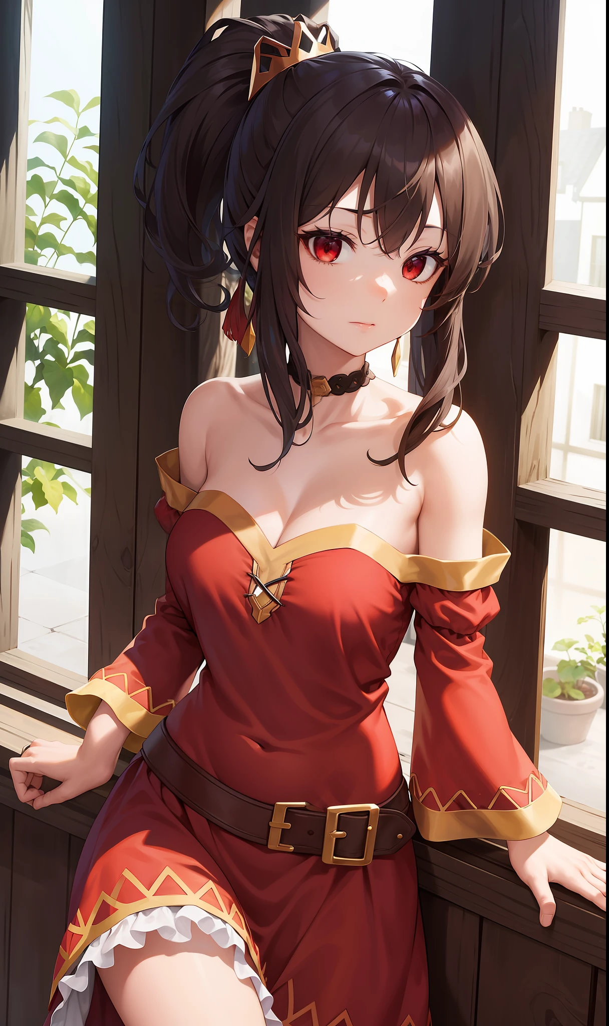 (masterpiece, best quality, high quality, high resolution: 1.4), detailed, extremely detailed, soft ambient lighting, 4K, ornate, internal, (rebirth, crop: 1.4), plants, window, 1Gril, megumin (soil: 1.4), ( megumin: 1.2), Standing, Upper body, (Focus on face: 1.2), (Extremely detailed hair: 1.2), Dark brown hair, Short hair, Long locks, Fringe, (Hair intake, High ponytail: 1.4), expression, reds, emotion the flower of the skin, (Red Eyes, Bright, lust, sexual tension, Looking at the Viewer: 1.2), Curvy, Huge Breasts, Skindentation, (Explosive Breasts: 1.2), (Tiara: 1.2), Crown, (Neckline, Strapless, Red Dress, Ruffled Dress, Long Skirt, Buffalo Skirt, Buffalo Sleeve, Juliet Sleeve, Long Sleeve: 1.2), Jewelry, Totally Sexy