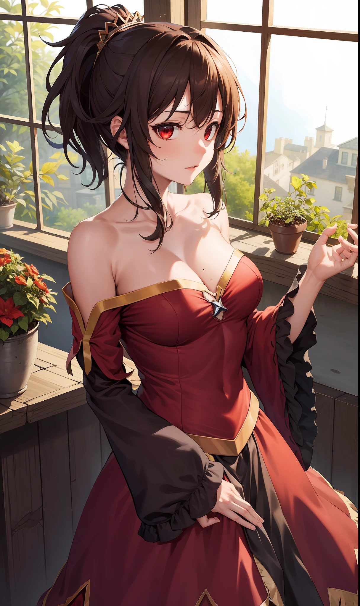 (masterpiece, best quality, high quality, high resolution: 1.4), detailed, extremely detailed, soft ambient lighting, 4K, ornate, internal, (rebirth, crop: 1.4), plants, window, 1Gril, megumin (soil: 1.4), ( megumin: 1.2), Standing, Upper body, (Focus on face: 1.2), (Extremely detailed hair: 1.2), Dark brown hair, Short hair, Long locks, Fringe, (Hair intake, High ponytail:  1.4), expression, reds, emotion the flower of the skin, (Red Eyes, Bright, lust, sexual tension, Looking at the Viewer: 1.2), Curvy, Huge Breasts, Skindentation, (Explosive Breasts: 1.2), (Tiara: 1.2), Crown, (Neckline, Strapless, Red Dress, Ruffled Dress, Long Skirt, Buffalo Skirt, Buffalo Sleeve, Juliet Sleeve, Long Sleeve: 1.2), Jewelry, Totally Sexy