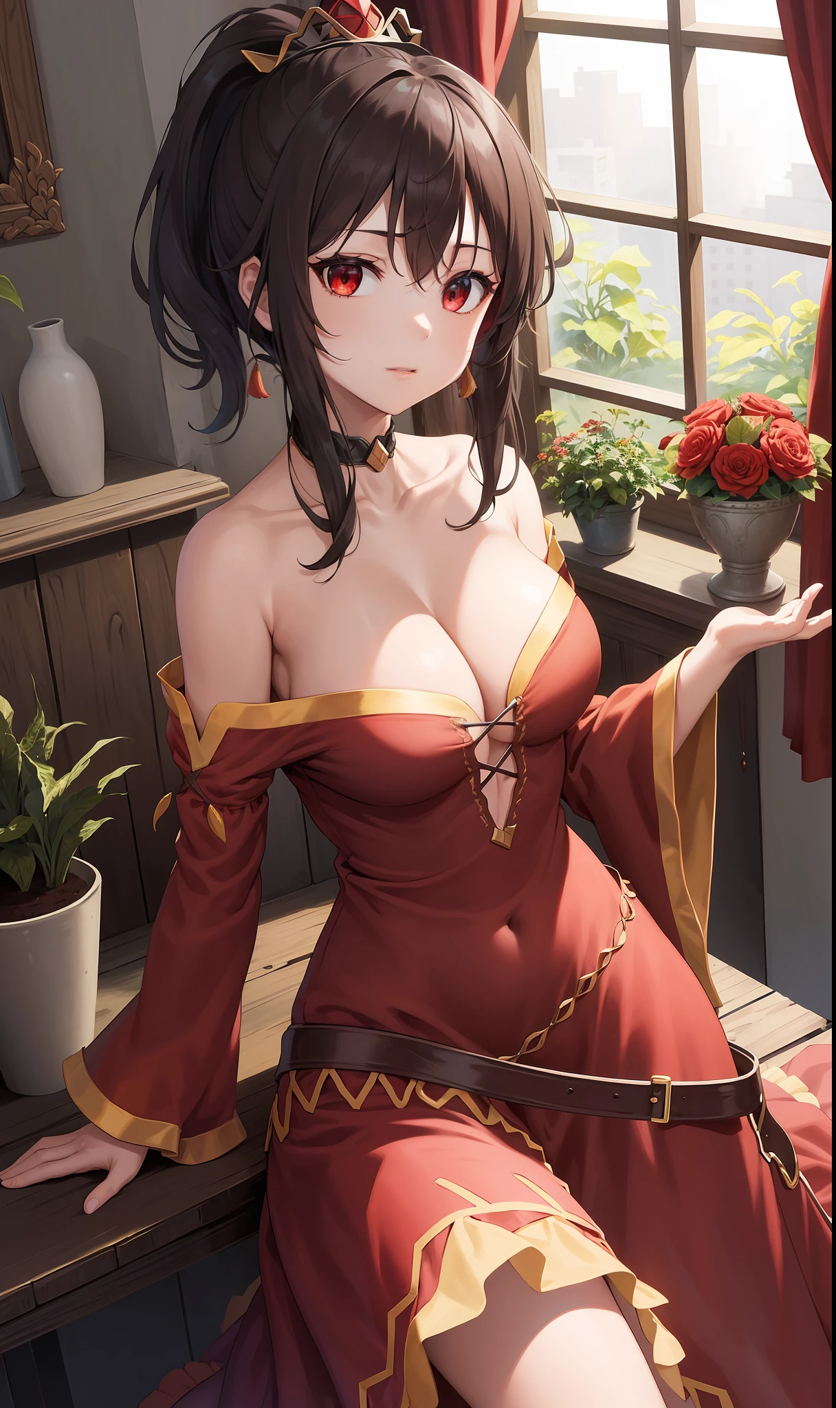 (masterpiece, best quality, high quality, high resolution: 1.4), detailed, extremely detailed, soft ambient lighting, 4K, ornate, internal, (rebirth, crop: 1.4), plants, window, 1Gril, megumin (soil: 1.4), ( megumin: 1.2), Standing, Upper body, (Focus on face: 1.2), (Extremely detailed hair: 1.2), Dark brown hair, Short hair, Long locks, Fringe, (Hair intake, High ponytail: 1.4), expression, reds, emotion the flower of the skin, (Red Eyes, Bright, lust, sexual tension, Looking at the Viewer: 1.2), Curvy, Huge Breasts, Skindentation, (Explosive Breasts: 1.2), (Tiara: 1.2), Crown, (Neckline, Strapless, Red Dress, Ruffled Dress, Long Skirt, Buffalo Skirt, Buffalo Sleeve, Juliet Sleeve, Long Sleeve: 1.2), Jewelry, Totally Sexy