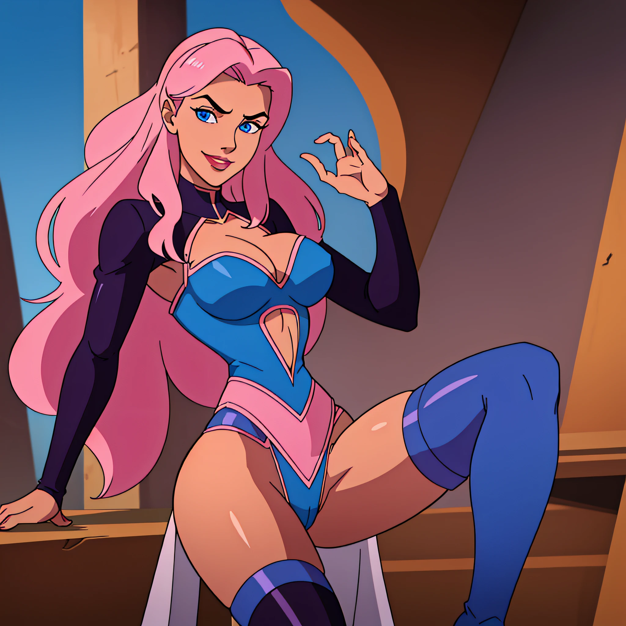 a cruel young rich girl with a petite sensual body, evil, false smile, maiden, arthurian, ??????????????, slim legs, soft skin, long hair, sky blue eyes, pink lips, thighhighs, brown knee boots, smug, standing