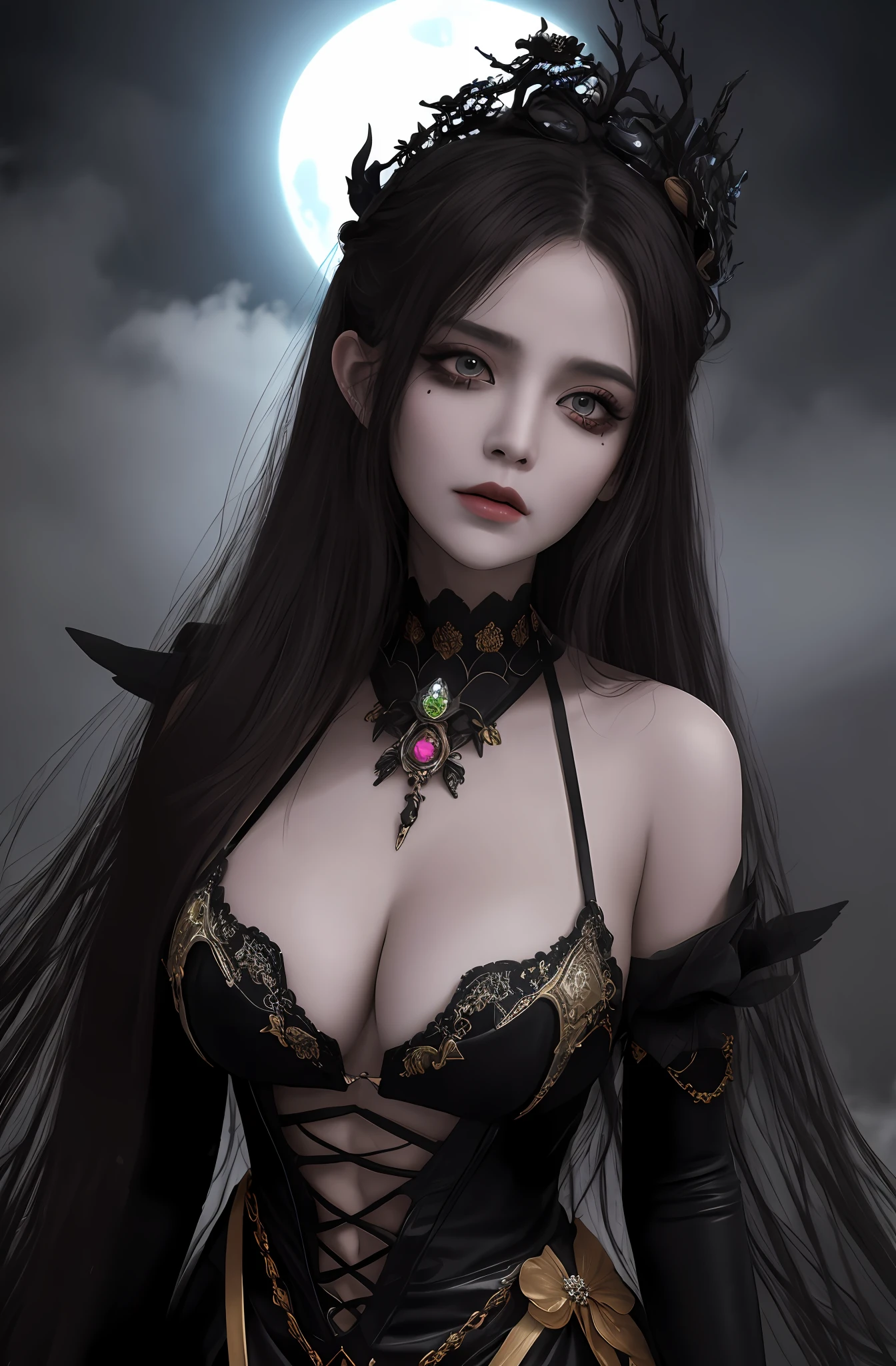 (16k, masterpiece, best quality), ultra-detailed, detailed beautiful round eyes, beautifully detailed face, high quality, high resolution, a female necromancer appeared from the fog with an army of undead, in the darkness of the night, goddess of darkness, zombie army, straight hair, an evil face, skeleton background, big breast, mature women, dynamic pose