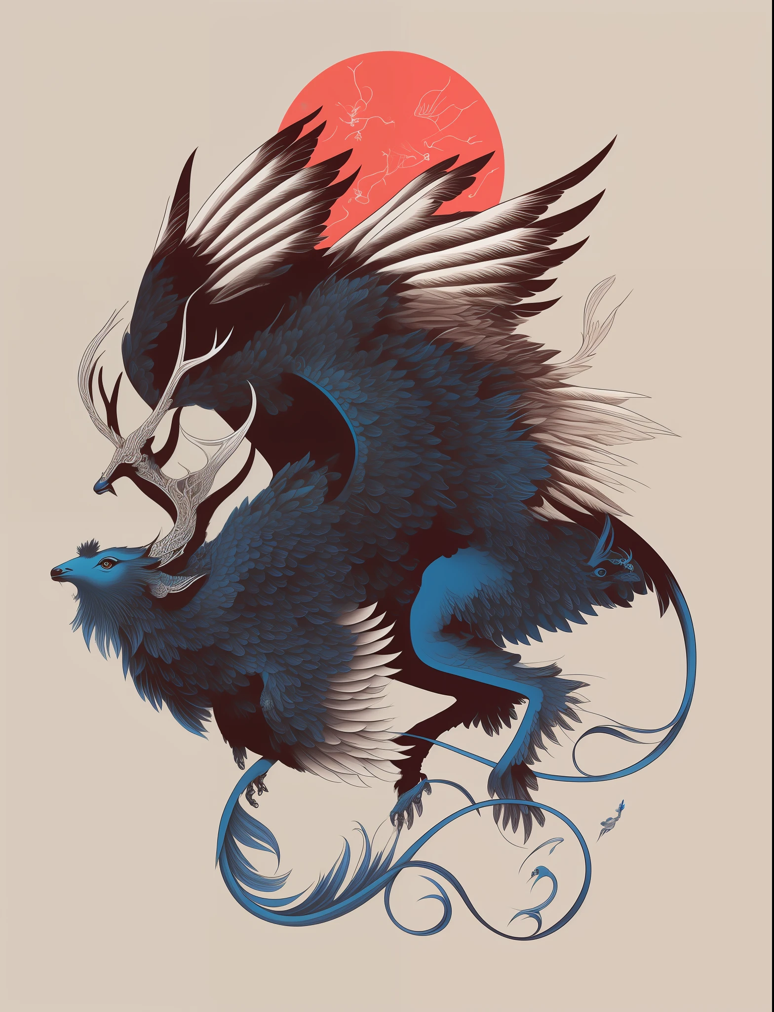 there is a blue deer with wings flying in the air, mythical creature, Ivan Belikov style, highly detailed vector art, a mythical creature, Ivan Belikov, flying mythical beasts, a beautiful art illustration, mythical creatures, intricate detailed illustration, fantasy creature, detailed intricate illustration, great digital art with details, fenrir, inspired by Summary of Japanese Painting History | Dictionary of Japanese Painters & Calligraphers-SHOGA, highly detailed illustration, high contrast drawing