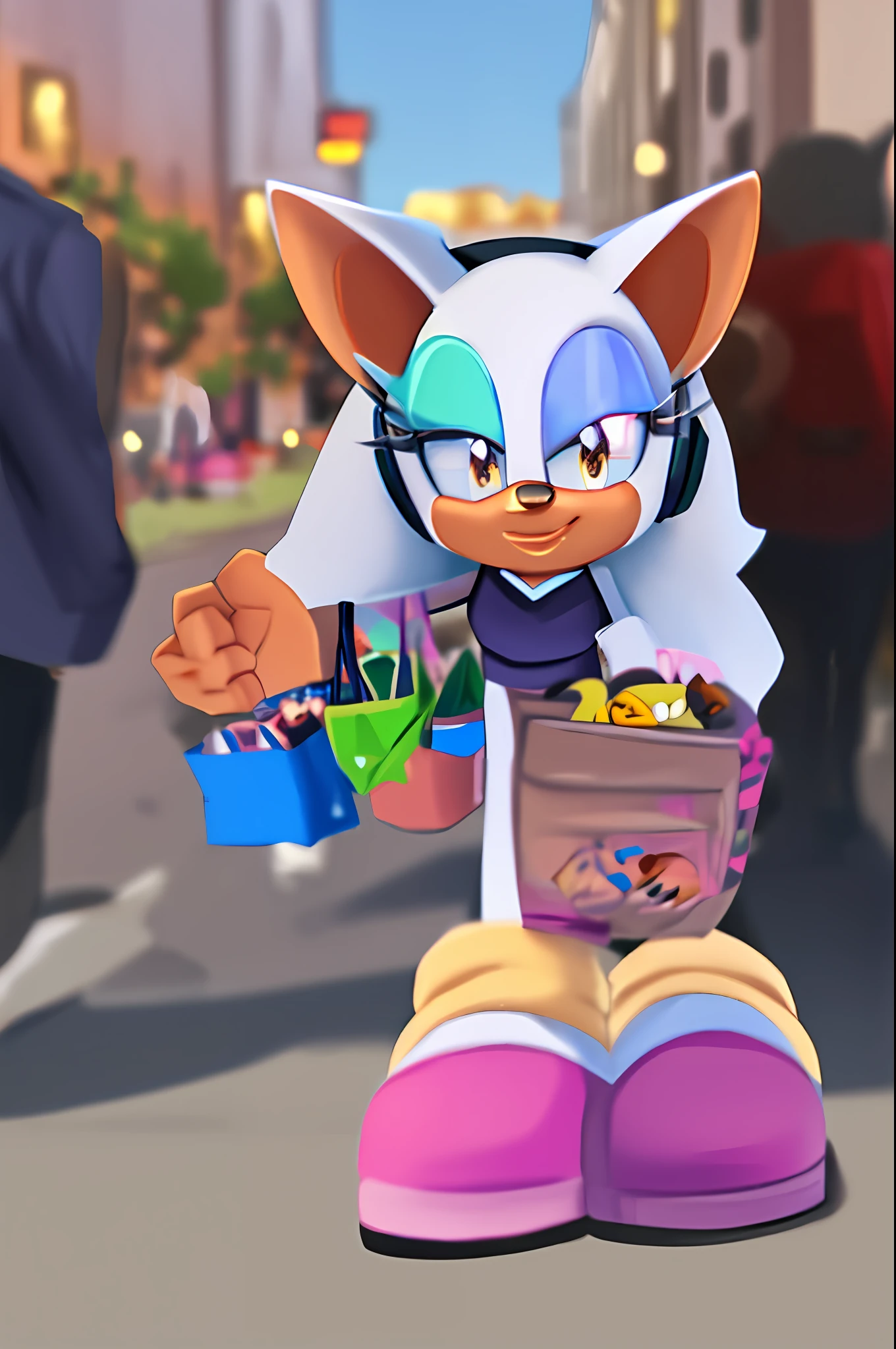 rouge the bat, full body, headphones, casual clothes, city, street, day, bags, groceries, masterpiece, soft lighting, very detailed, detailed background, field of view, intricate details, pastel