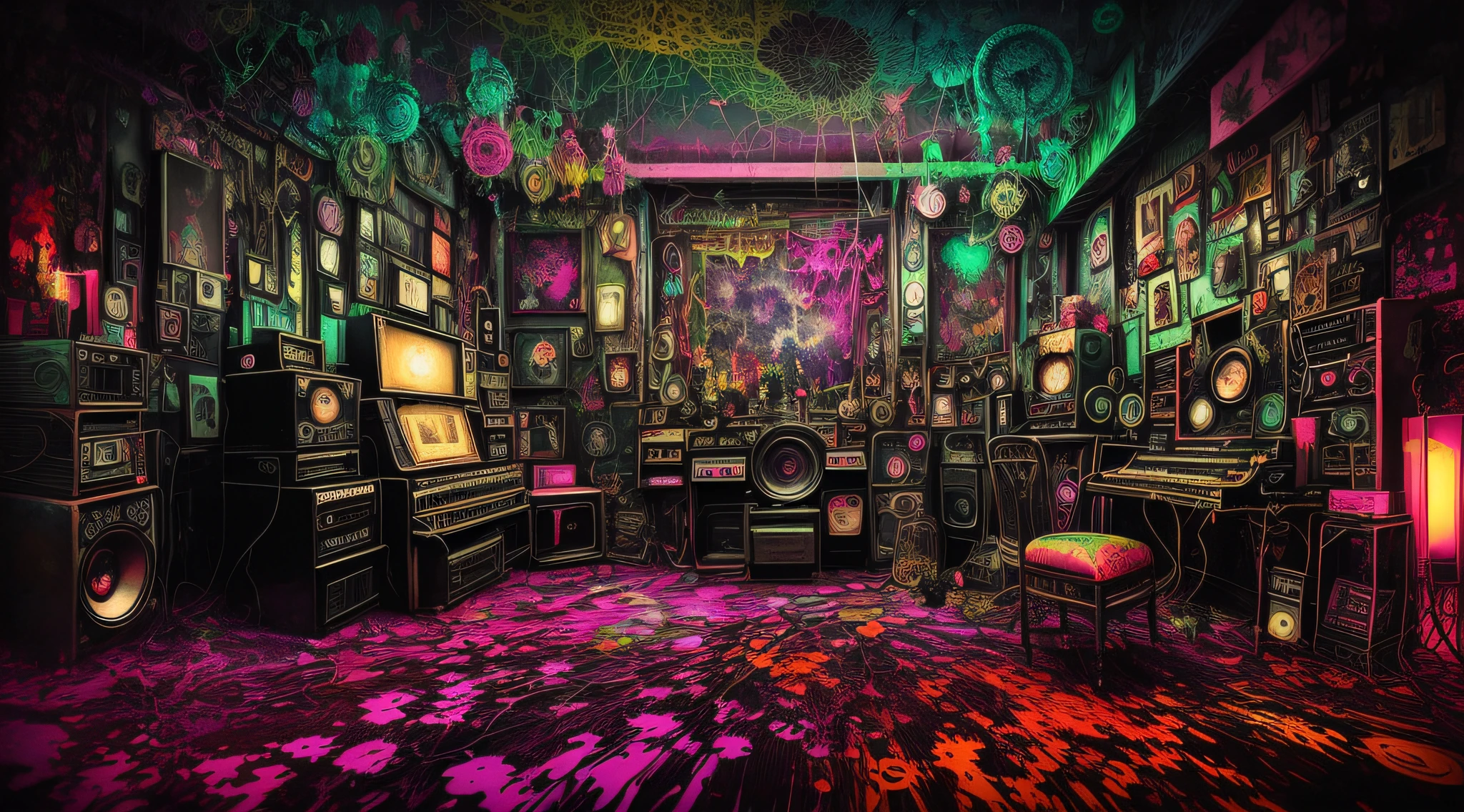 incomprehensible inexplicable psychedelic retro something bad trip fractal oilpaint splashes bad trip sound waves perfectly oil painted gothic still life with fruit and cobwebs post-rock gothic hyper-detailed with lots of identical psychedelic details gloomy punk aesthetics atmosphere, sound vibrations, punk sound studio 8k, best quality, masterpiece, illustration, extremely delicate and beautiful, extremely detailed,  (realistic, photorealistic: 1.37), amazing, fine detail, masterpiece, something does gloomy girl with post_punk_rock_gothic hair, night city,