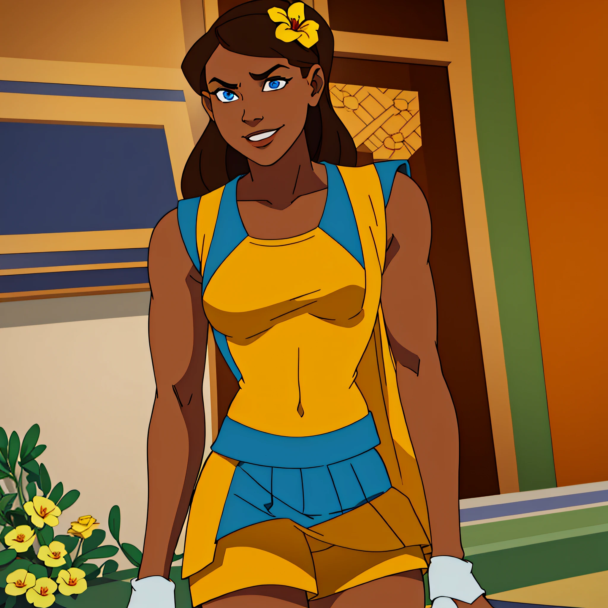 a delusional young Black Woman with a petite skinny body, evil, false smile, bitch, haughty, small breasts, slim legs, soft skin, long hair, dull blue eyes, titian brown hair, smug, standing, (((olive skin))), (((((solo))))), (sleeveless yellow top with a flower brooch), orange short shorts, tennis shoes, ((two-tone shoes)), orange shoes, yellow shoes, mid-height white socks, minicrown