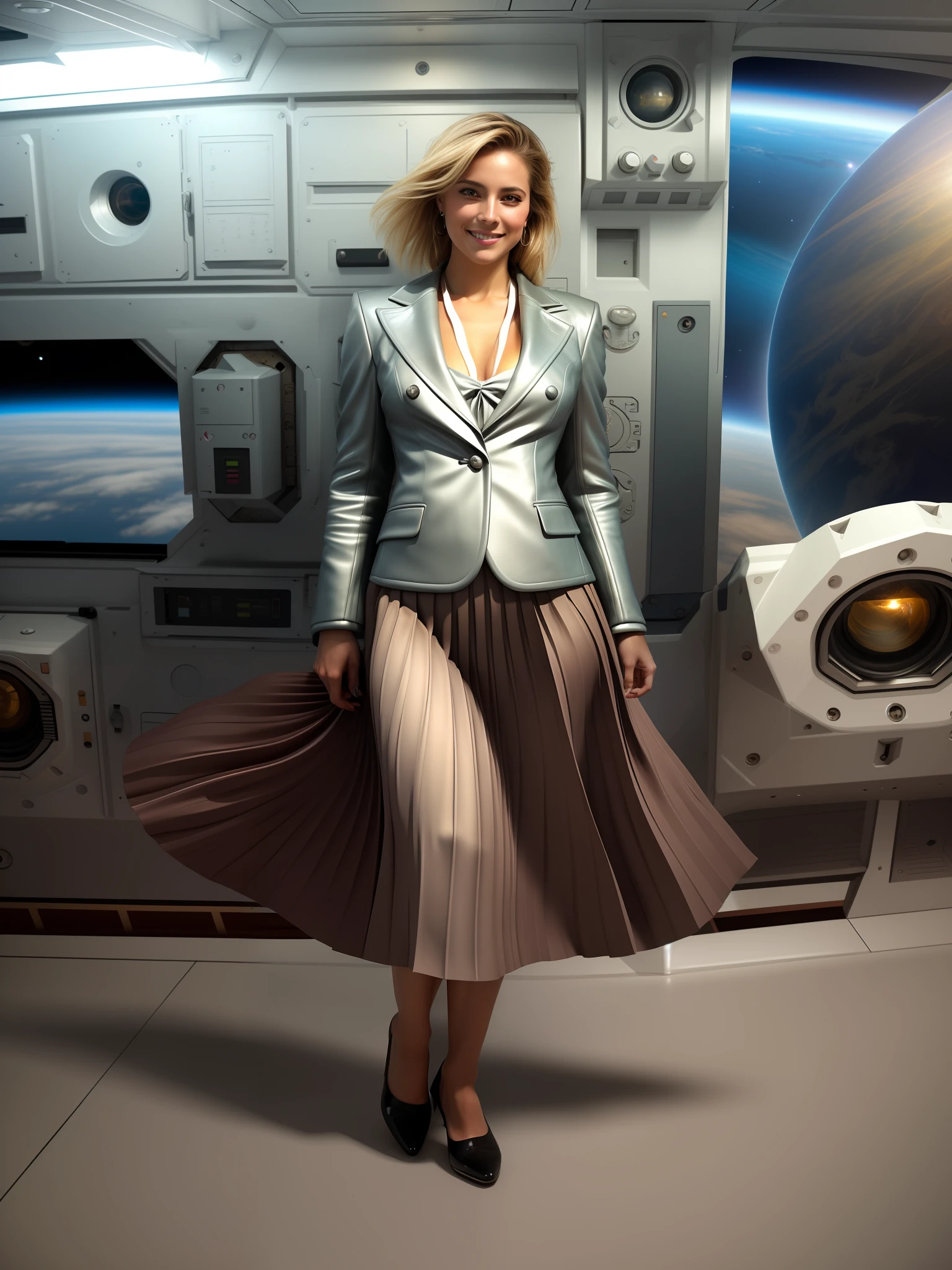 35mm f1.4 Kodak portra 400 photograph, extremely high quality RAW photograph, a therapist is playing with her skirt (in a flirting manner:1.3) on a space station, (shy) authentic (kind and tender) lesbian woman wearing a short blazer with a very very detailed (long (fully pleated) full circle skirt) and (simple) low heeled office shoes, very very intricate hyper-detailed symmetric (attractive graceful young feminine face) with (sad, tired) eyes and a (flirty smile:1.3), full of empathy and compassion and love, (pronounced feminine features:1,3), big boobs, large breasts, shirtless, topless, (highly detailed ultra accurate realistic) hands and fingers, ((windy conditions and wind blowing)), epic composition, highly detailed attributes, highly detailed atmosphere, detailed background, intricate, Exquisite details and textures, highly detailed, deep space station secret operations active background
