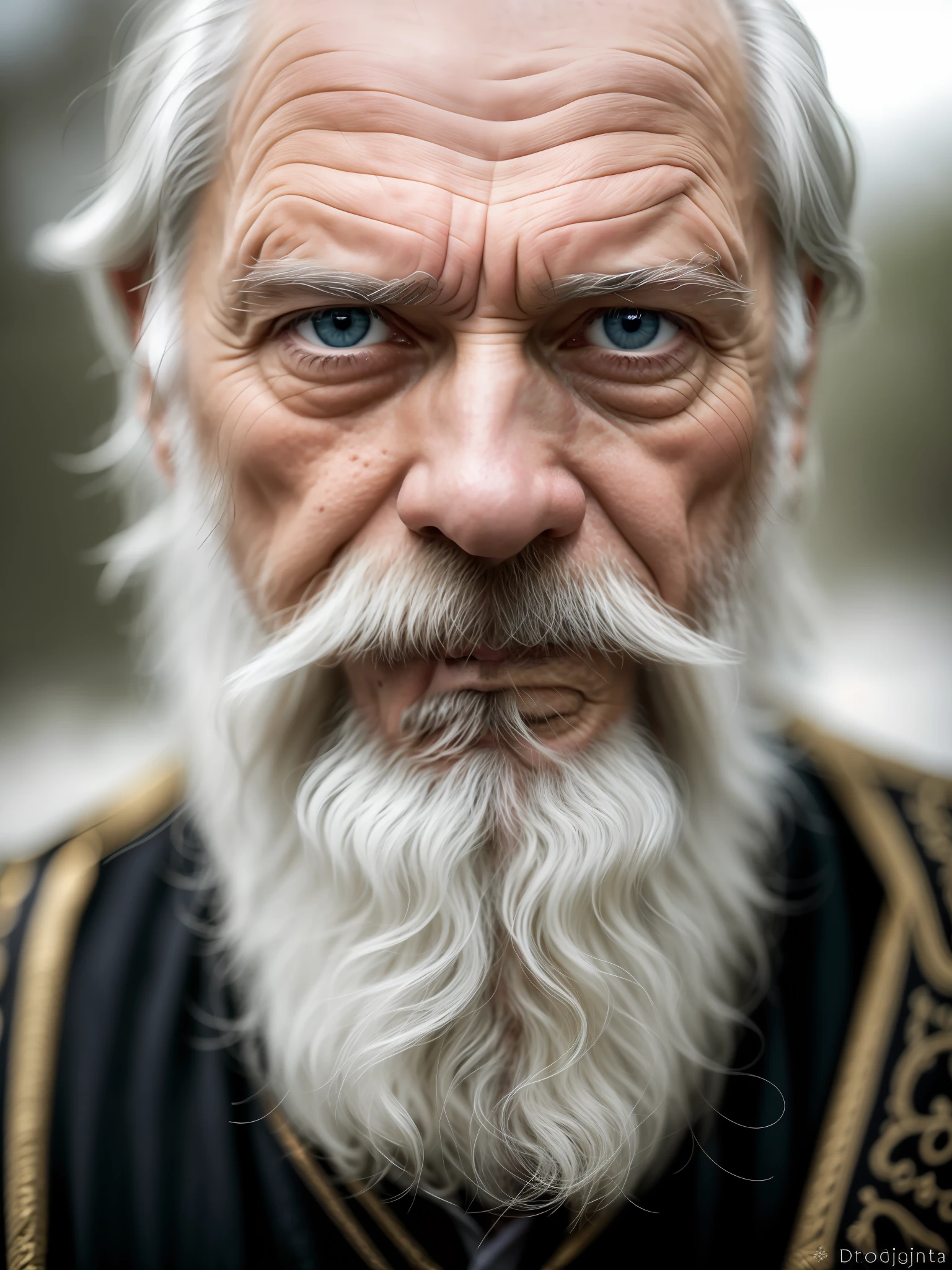 dark theme, ultra resolution, hyper realistic, hdr, absyrdres, cinematic shot, vignette, centered, short DOF, a closeup portrait of an old man, Scandinavian, looking at camera, blue old eyes, short white hair, white VIKING BEARD, narrow face dark skin, wide shoulders, weathered by sun and sat water, royal doublet with gold patterns, royal chambers camera focus on an eye, high focal length, dslr, 200mm lens, photo by Cristina Otero, dark studio, rim lighting, two tone lighting, dimly lit, low key, backlight,