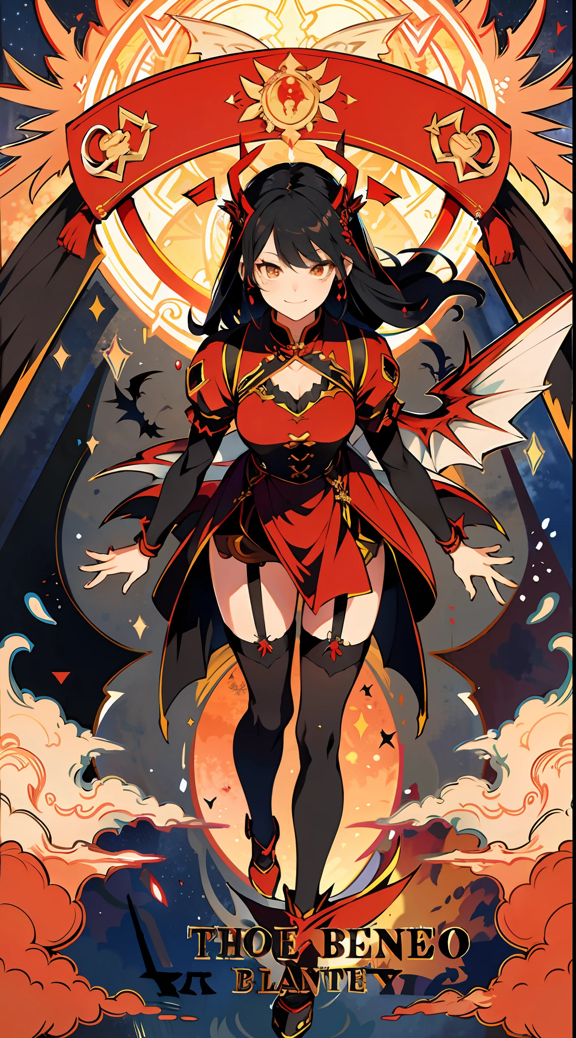 absurd res, high res, (masterpiece:1.4), ultra-detailed, 1girl, from above, space, floating, Chinese dress, red dress, stockings, garter belt, black hair, glowing yellow eyes, vampire, demon wings, black wings, psychopathic smirk, psychopathic smile, evil smile, scary smile, blood on face