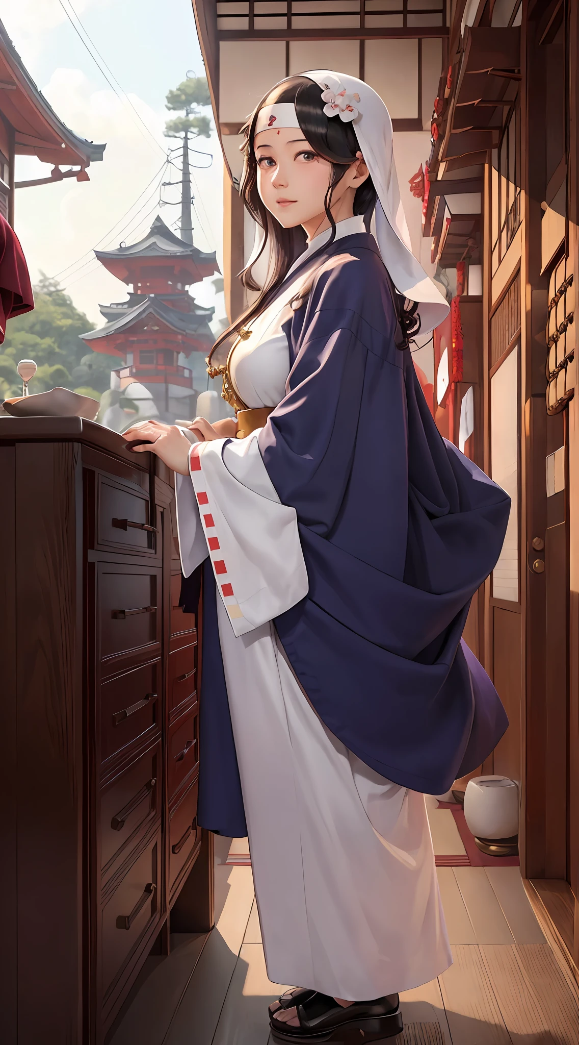 ((masterpiece)), ((best quality)), (ultra-detailed), ((extremely detailed)), 4K, (8K), best quality, (beautiful), anime style, ((full body)) , from side , daytime, autumn, japanese temple , a woman, ((multiparous woman )), a lady ,45 years old , solo, beautiful (redbrawn hair), (beautiful blue eyes), ((beautiful eyes)), ((very long hair)), smile, ((wavy hair)) , ((frizzy hair)), ((messy hair)) ,((japanese nun)) , ((forehead)),((Buddhist nun))