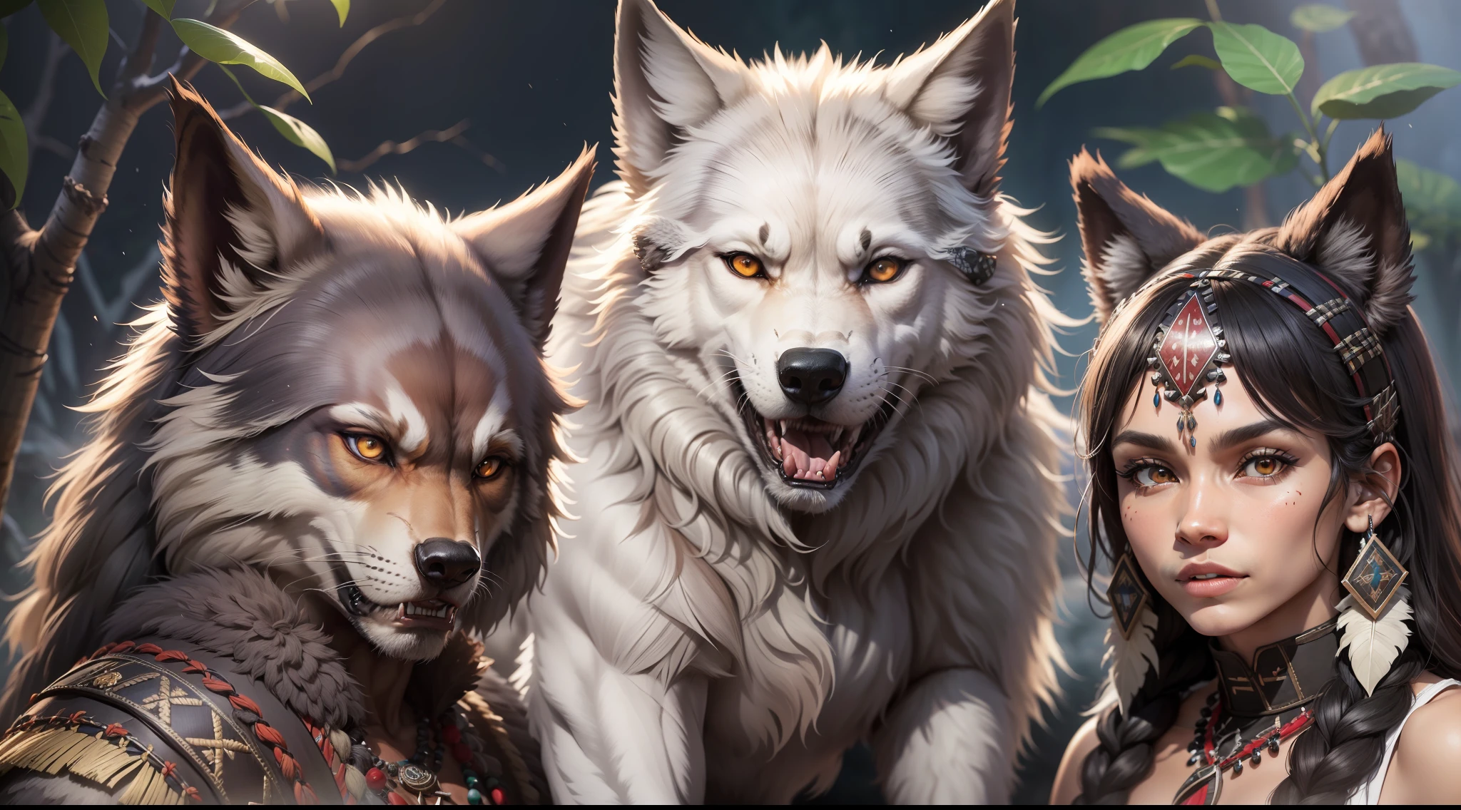 Káiri. Káiri, fking_scifi_v2, werewolf, werewolf wolf, tribes, indios, indio head of wolf, amazon forest, indios, werewolf with indigenous costumes, late eighteenth century, realism, photo realism, 8k, 80mm, f/1.8