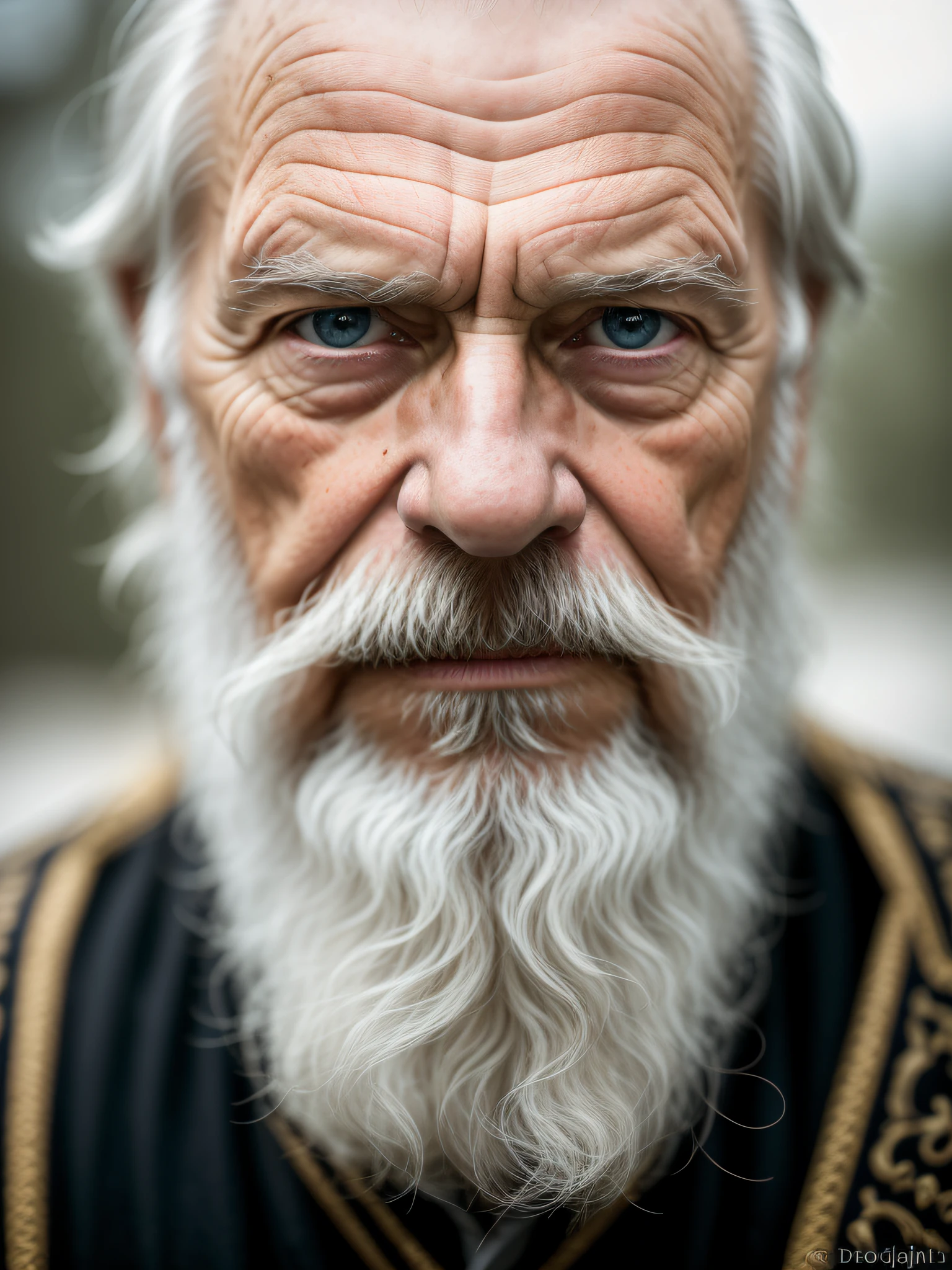 dark theme, ultra resolution, hyper realistic, hdr, absyrdres, cinematic shot, vignette, centered, short DOF, a closeup portrait of an old man, Scandinavian, looking at camera, blue old eyes, short white hair, white VIKING BEARD, narrow face dark skin, wide shoulders, weathered by sun and sat water, royal doublet with gold patterns, royal chambers camera focus on an eye, high focal length, dslr, 200mm lens, photo by Cristina Otero, dark studio, rim lighting, two tone lighting, dimly lit, low key, backlight,