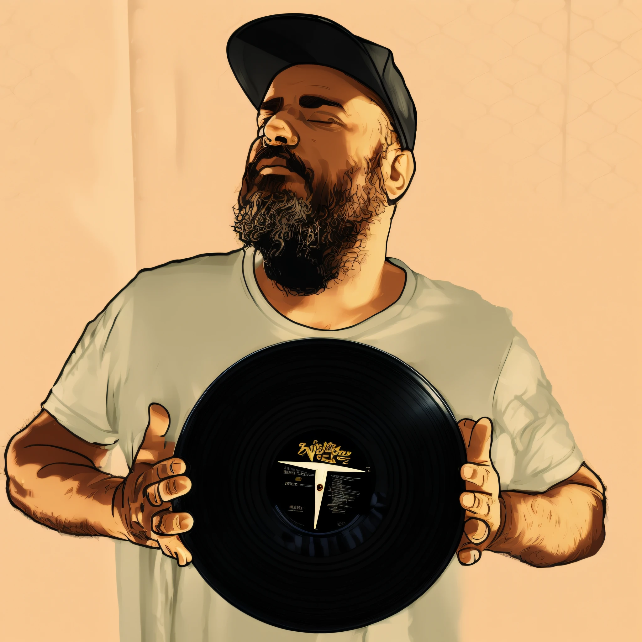 a man holding a black record in front of a window, holding a vinyl record, holding a record, jony ives, hoyte van hoytema, color illustration, gta san andreas style