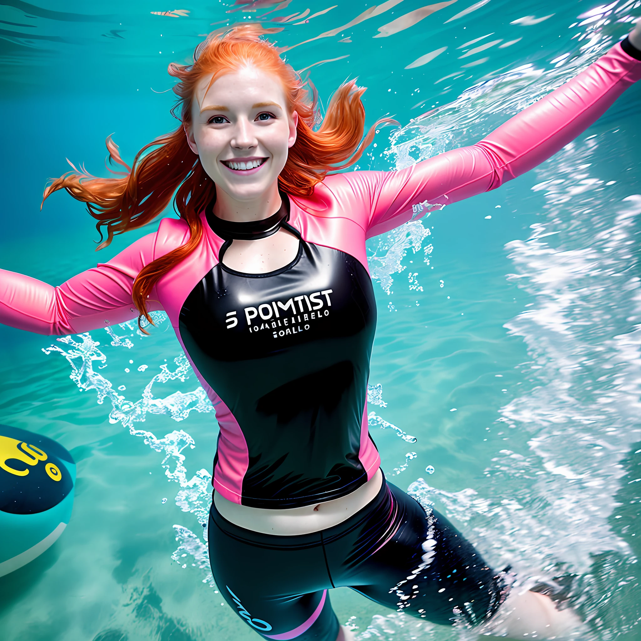 Realistic full body photo, solo, 1woman, 25 years old, ginger, wet Tshirt with colourful logo, wet open sport jacket, wet black and pink leggings, underwater, smiling, wet floating hair, coral, floating clothes