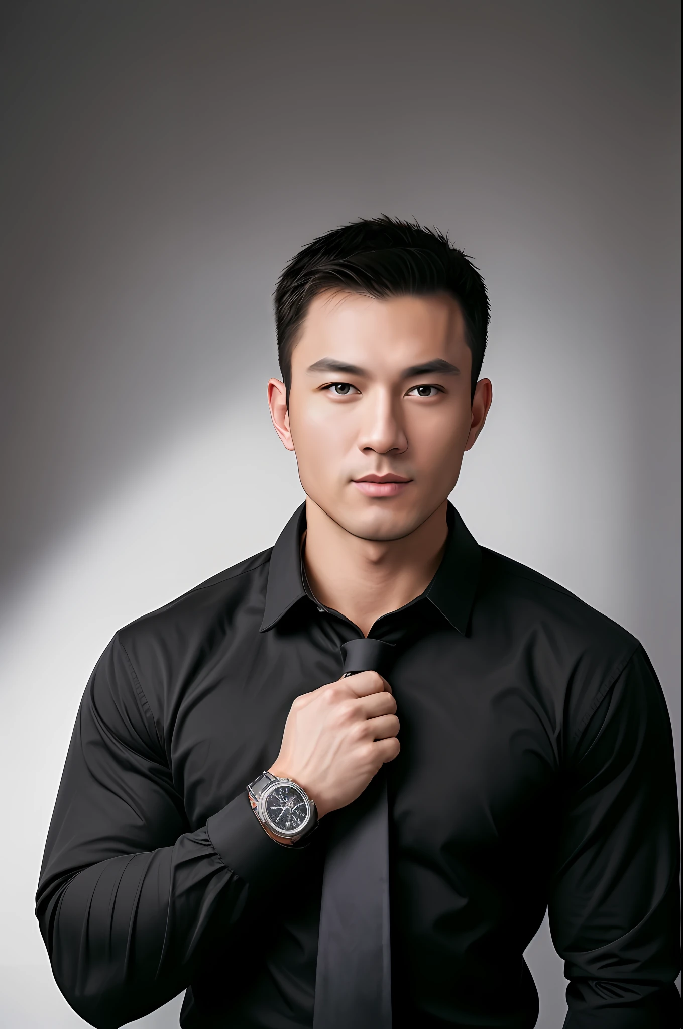 1man, a 30 y.o muscular male wearing long-sleeve black shirt and tie, with a watch, upper body,
in camera studio with 3 flash, soft lighting,
masterpiece, best quality, 8k uhd, dslr, film grain, Fujifilm XT3 photorealistic painting art by midjourney and greg rutkowski