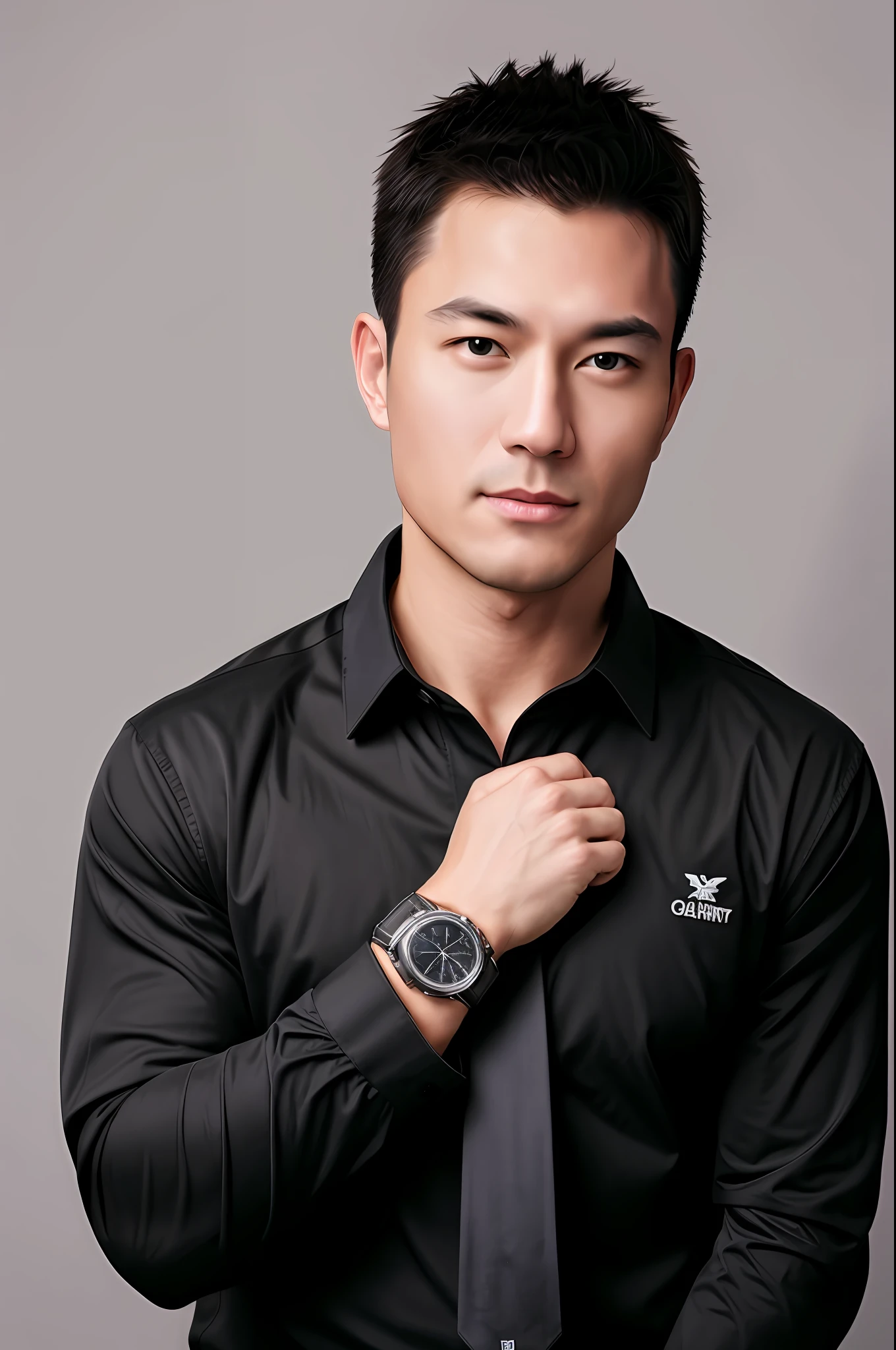 1man, a 30 y.o muscular male wearing long-sleeve black shirt and tie, with a watch, upper body,
in camera studio with 3 flash, soft lighting,
masterpiece, best quality, 8k uhd, dslr, film grain, Fujifilm XT3 photorealistic painting art by midjourney and greg rutkowski
