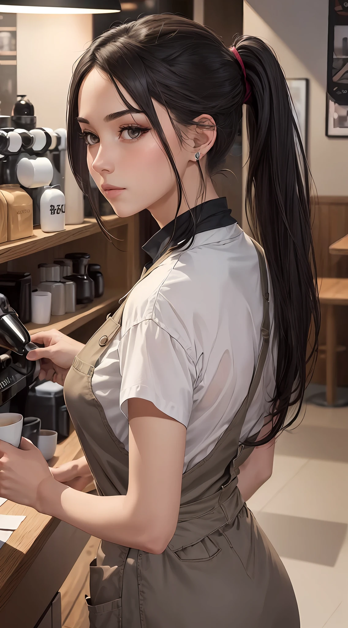 ((masterpiece)), ((best quality)), (ultra-detailed), ((extremely detailed)), 4K, (8K), best quality, (beautiful), short black ponytail hair, grey eyes, barista