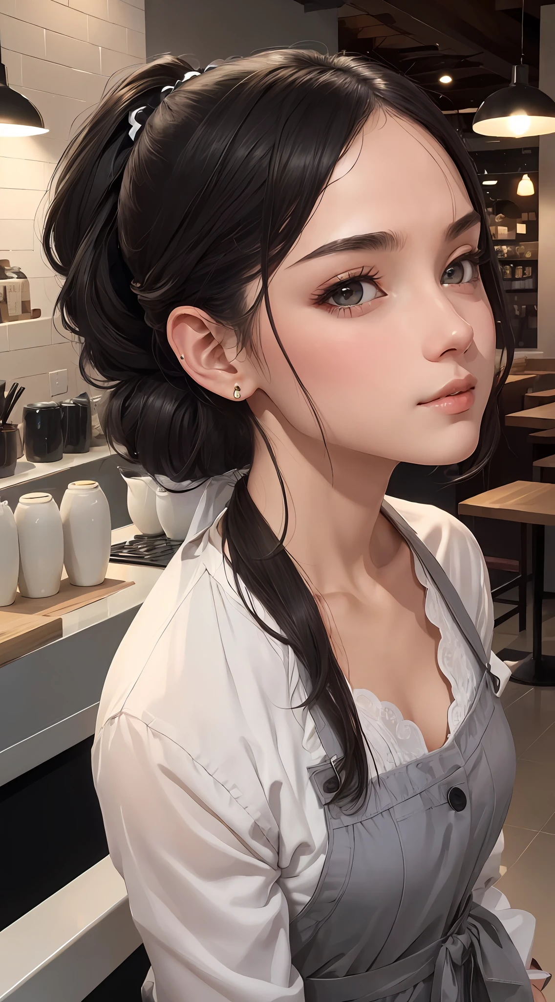 ((masterpiece)), ((best quality)), (ultra-detailed), ((extremely detailed)), 4K, (8K), best quality, (beautiful), short black ponytail hair, grey eyes, barista