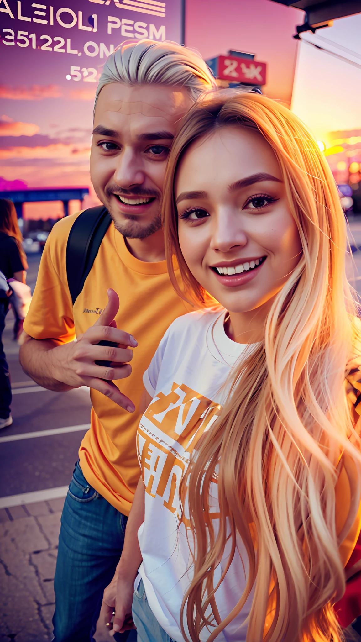 realistic portrait of handsome man and woman hugging, couple, ((walking)), wearing printed t-shirt and jeans, current fashion, kanekalon hair, sunset background in a road close-up, product view, detailed facial details, perfect face, trend art, sharp facial details, cgsociety, ultra-quality digital art, hyper-exquisite details, 4k, soft lighting 8k, dreamer, fashion, Unreal rendering engine -