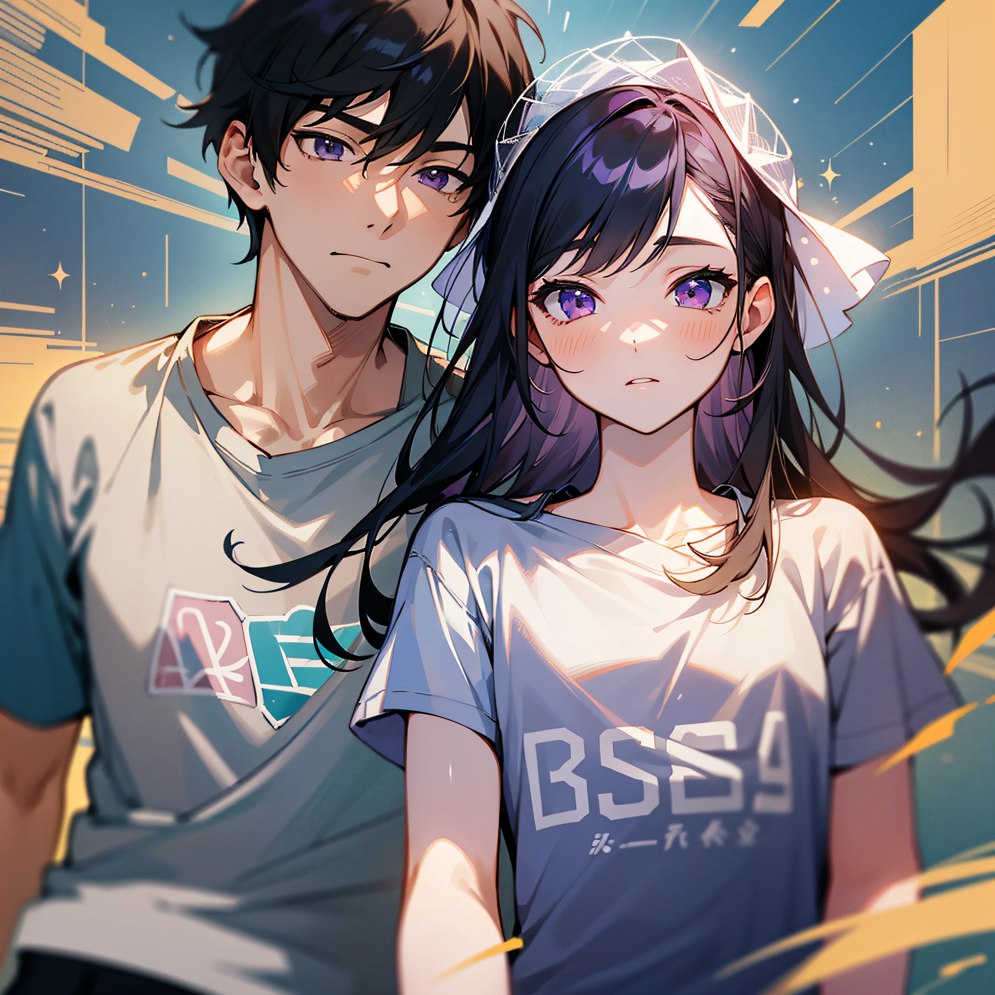 Masterpiece, best quality, {best quality}, {{masterpiece}}, {highres}, {{{field field}}, extremely detailed couple, illustration, couple, 1boy, 1girl, couple, love, love, romantic, sharp focus, male focus, female focus, black hair, violet eyes, sun, sunlight, lifting, surprised, envy, starry sky, t-shirts, men's leisure clothes, expressionless, women's fashion --auto --s2