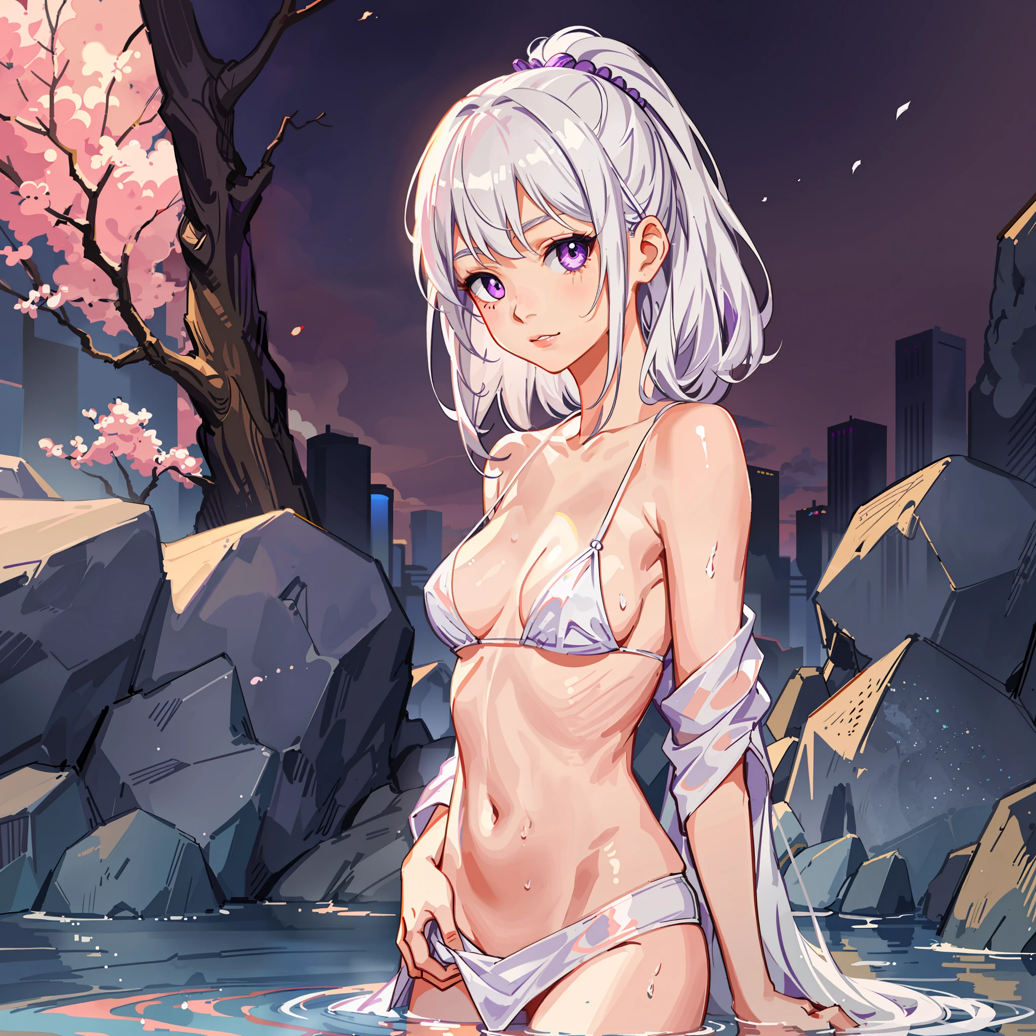 1girl, white hair, purple eyes, portrait, realistic, towel, (onsen), sidelighting, wallpaper, nsfw,